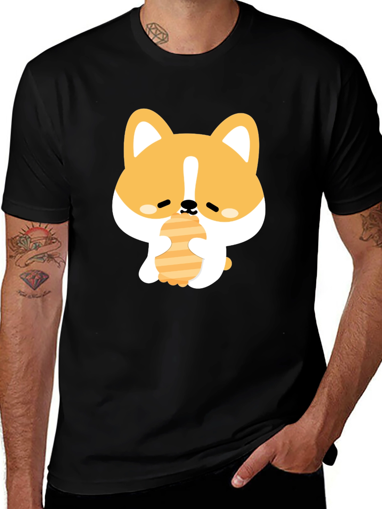 Cute Corgi Eating Honeycomb Black T-Shirt