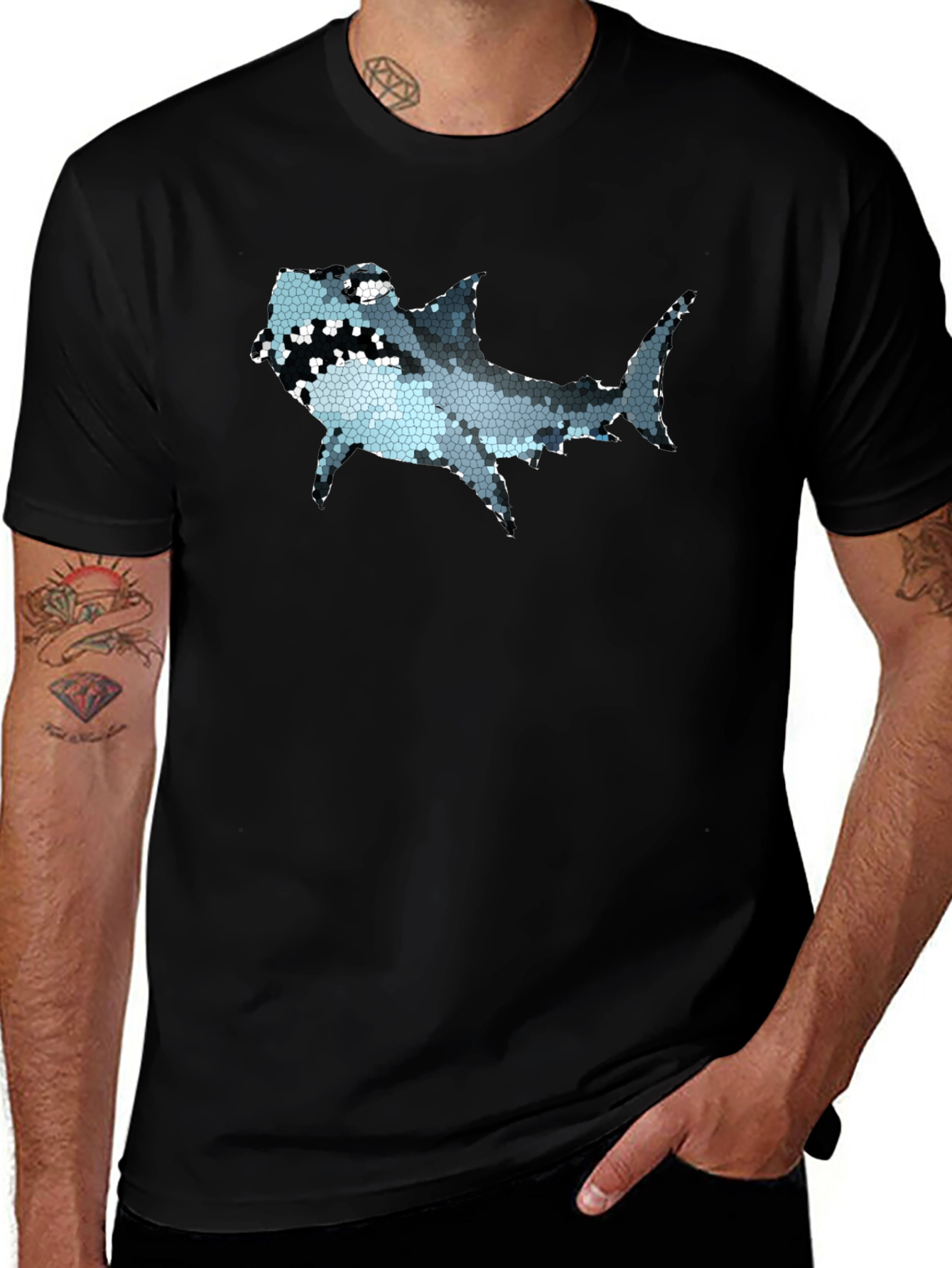 Variant 11 of Mosaic Shark Graphic Tee - Black Cotton T-Shirt