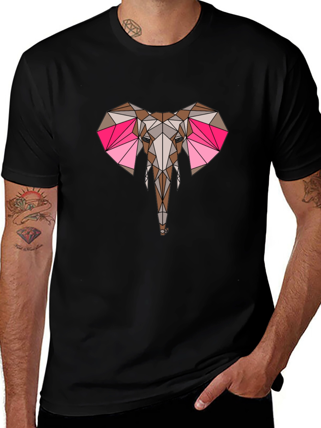 Variant 5 of Geometric Elephant Print Black T-Shirt