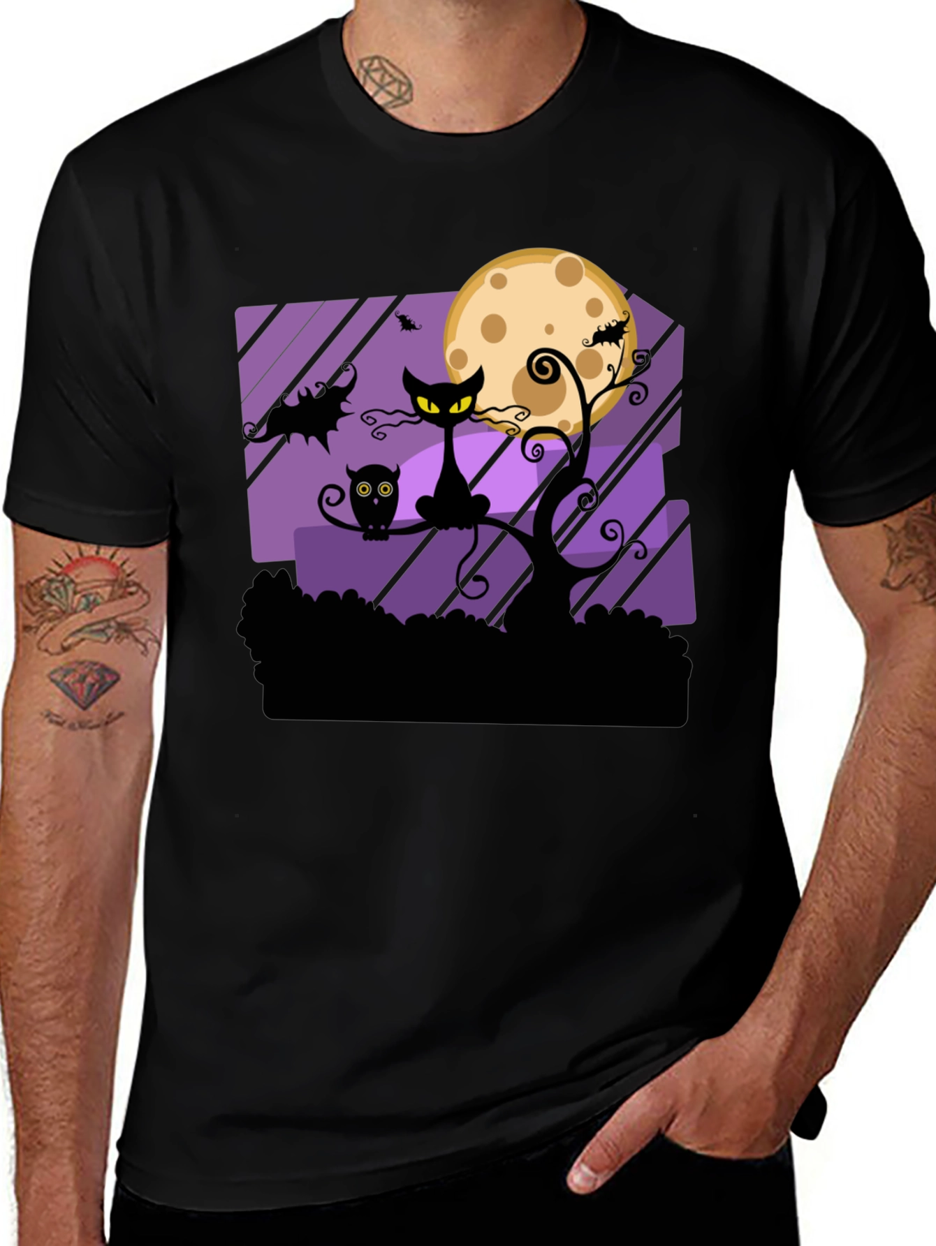 Halloween Cat & Owl T-Shirt - Moonlit Spooky Design