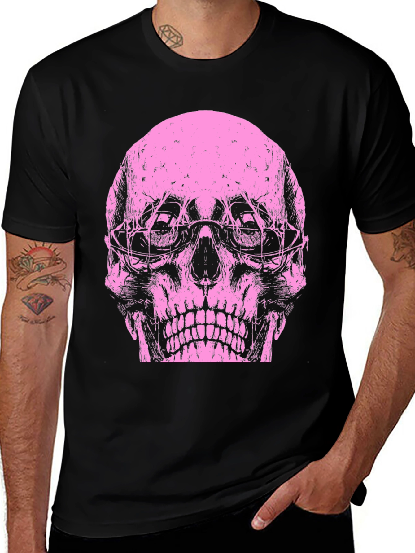 Variant 20 of Skull Graphic Tee - Pink Print on Black