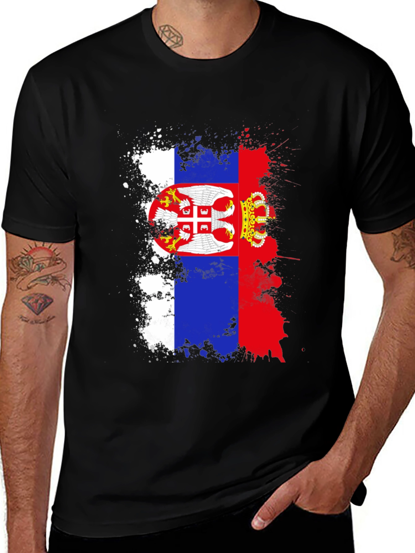 Serbian Flag Splatter Black T-Shirt