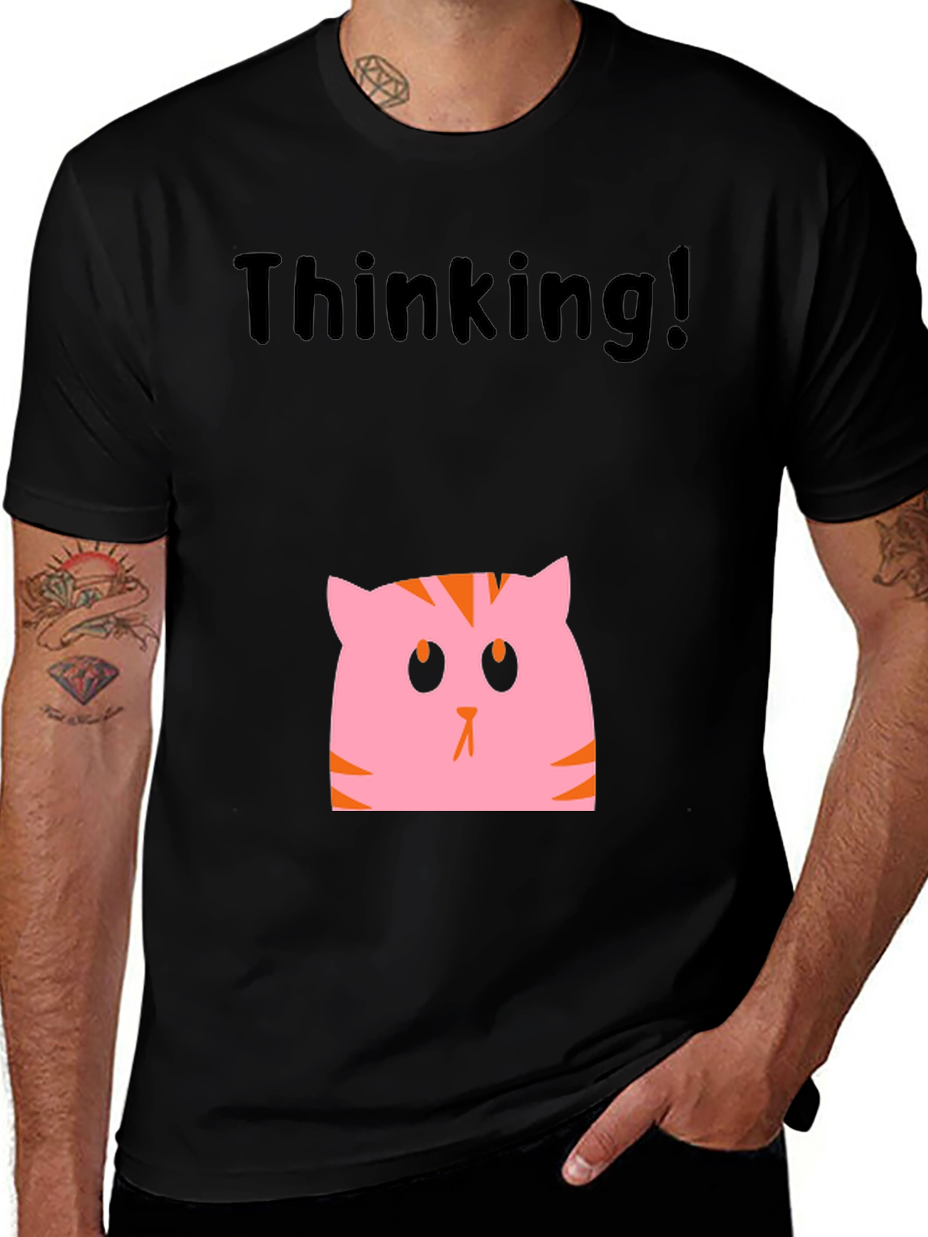 Thinking Cat Graphic Tee - Unisex Black T-Shirt