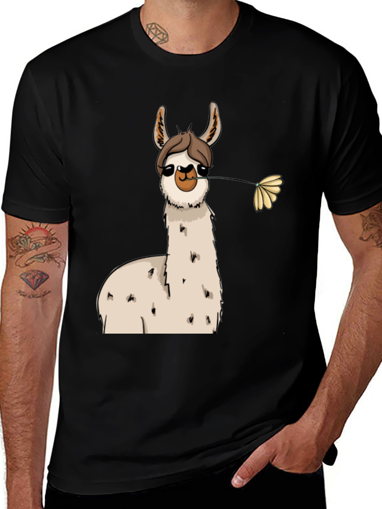 Variant 16 of Llama with Flower Black T-Shirt