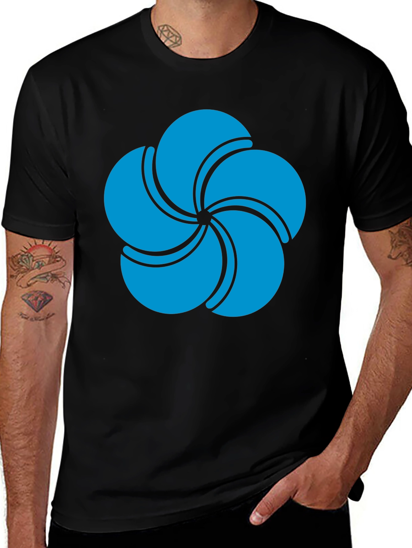 Variant 13 of Modern Blue Flower Graphic Print Black T-Shirt