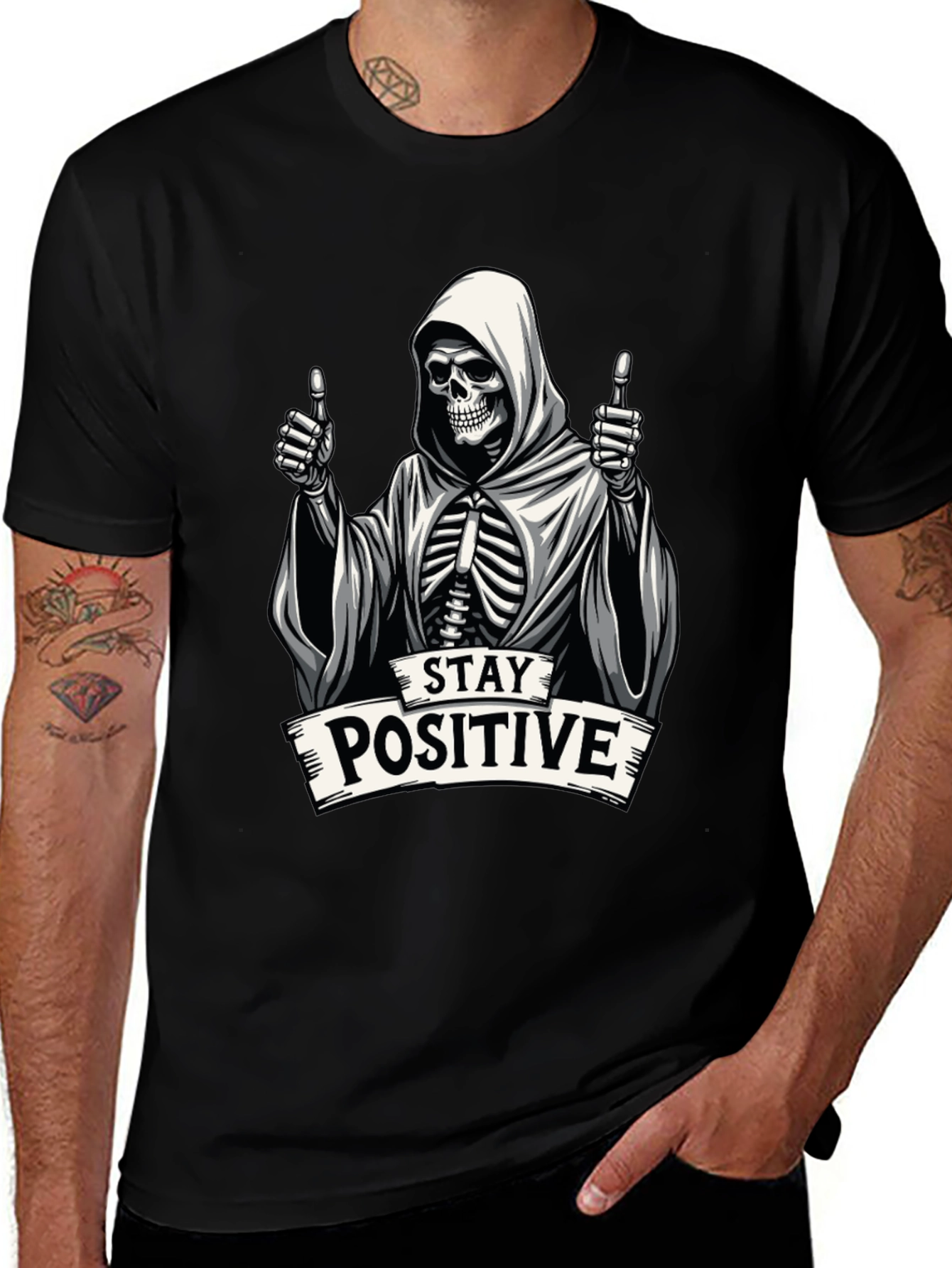 Variant 7 of Stay Positive Grim Reaper Graphic Tee