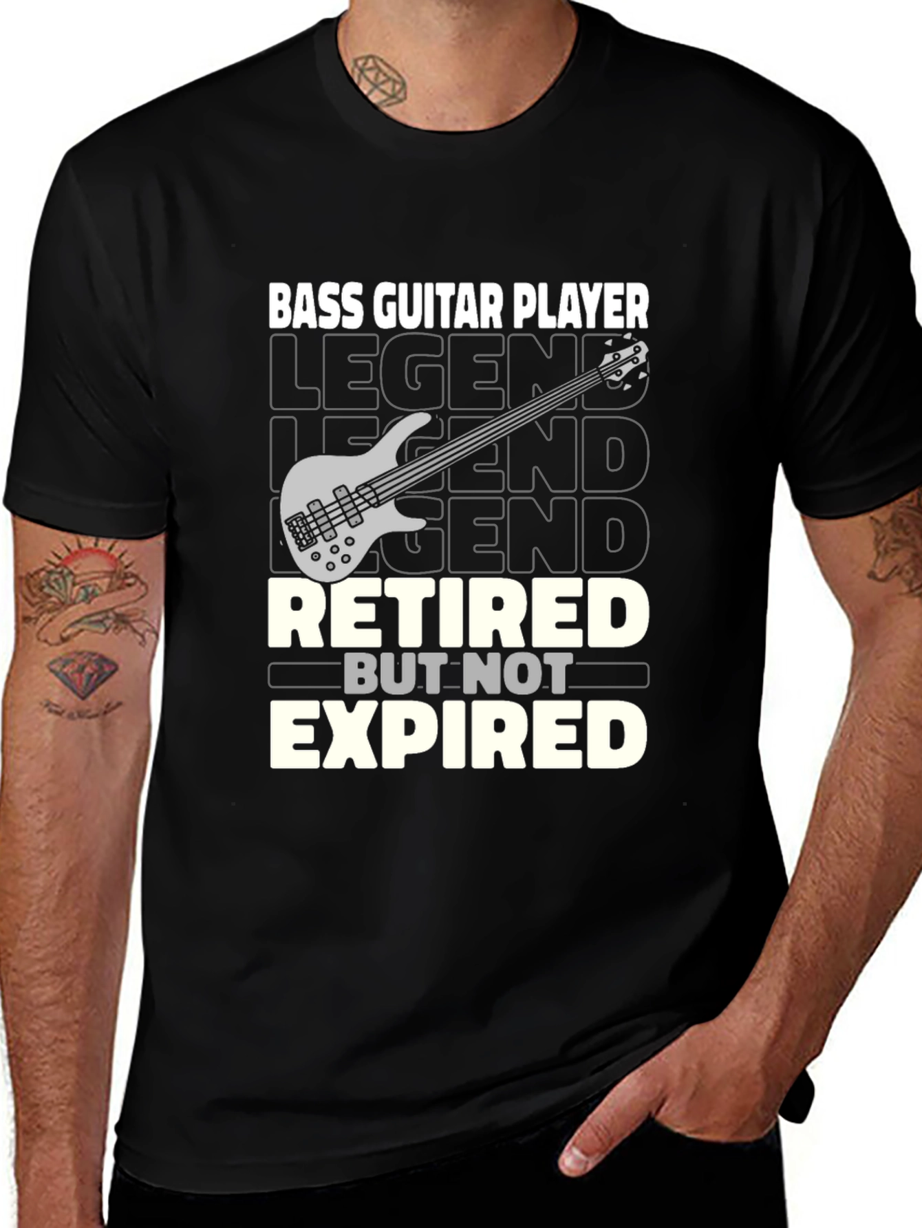 Black Retired Bass Guitar Player Graphic T-Shirt main image