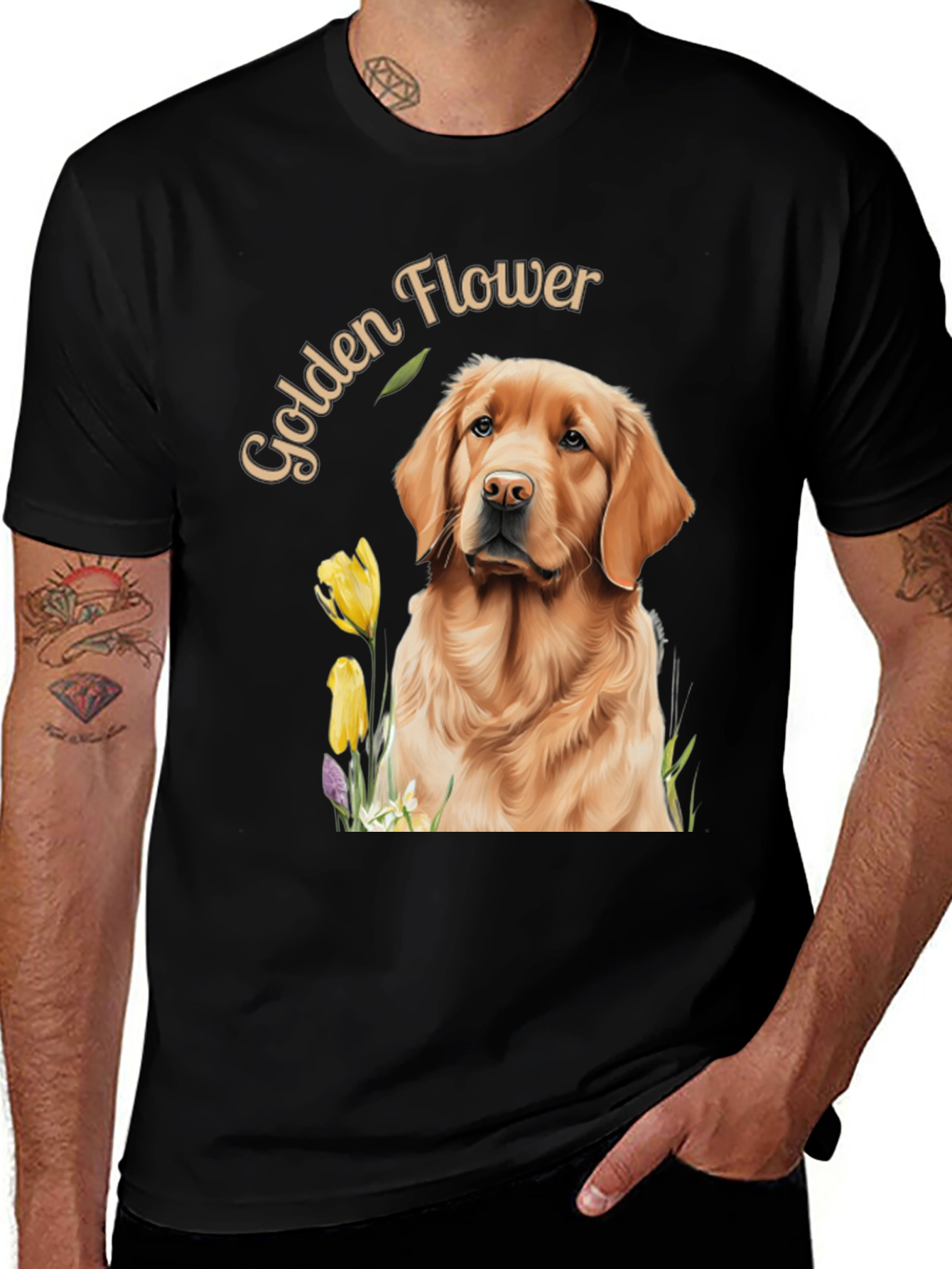 Black Golden Flower Dog Graphic Tee main image