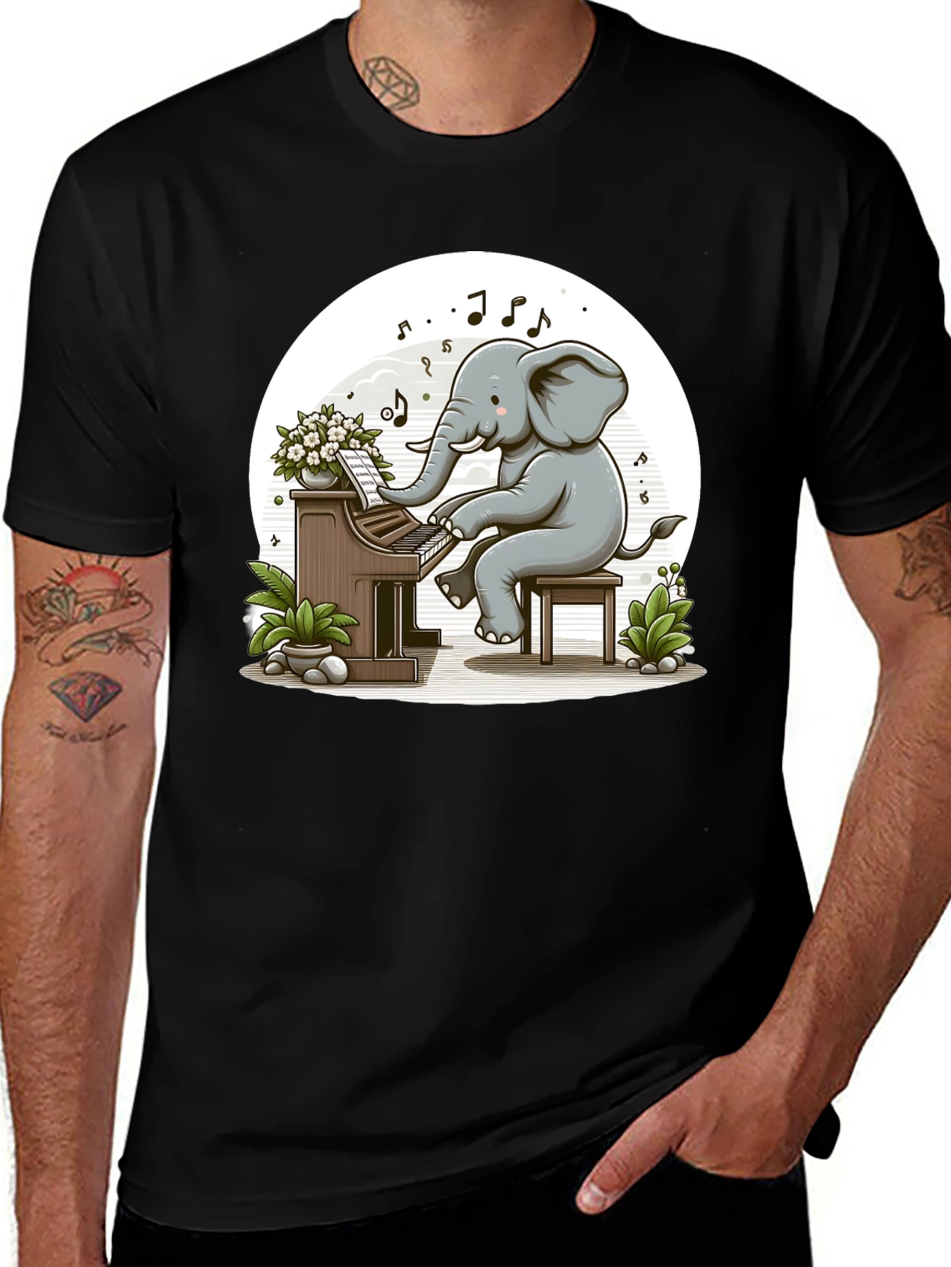 Variant 23 of Elephant Pianist Graphic Tee - Black Cotton Shirt