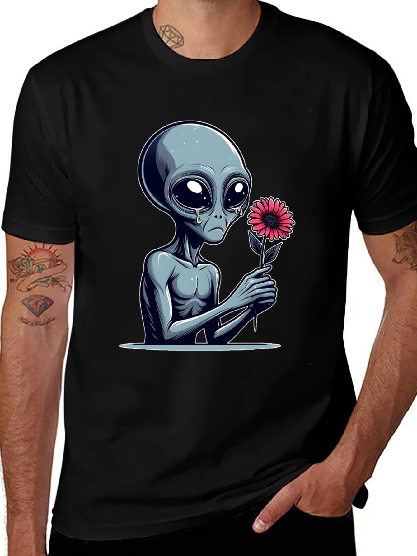 Variant 23 of Alien with Flower Graphic Tee - Unisex Black T-Shirt
