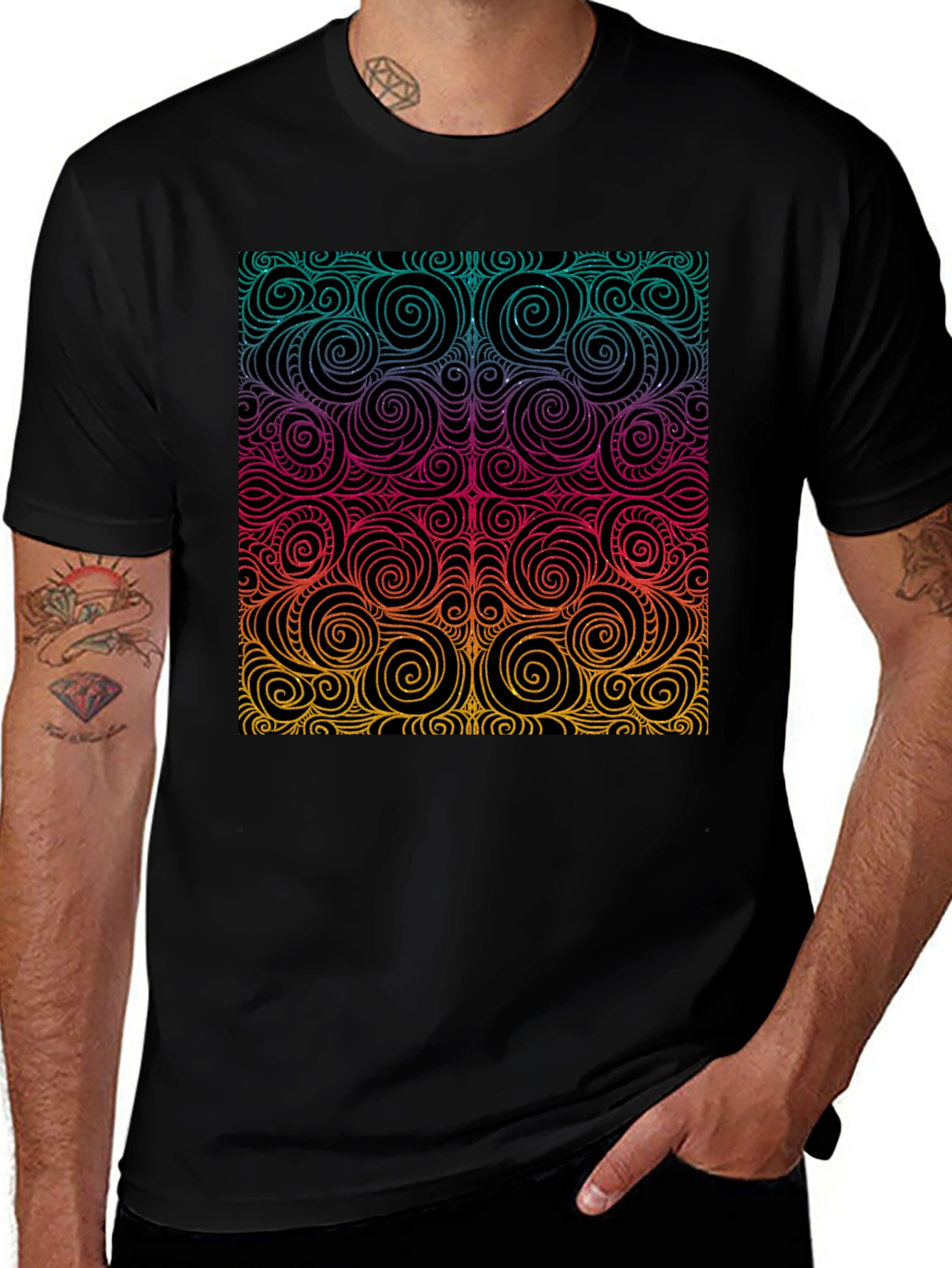 Vibrant Swirl Pattern Black T-Shirt