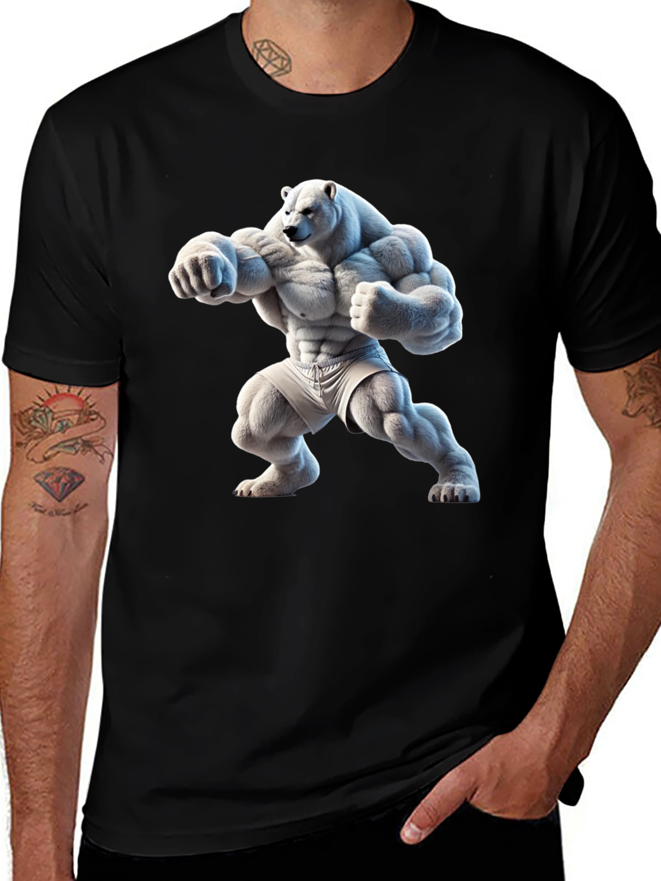 Variant 25 of Black T-Shirt with Muscular Polar Bear Design