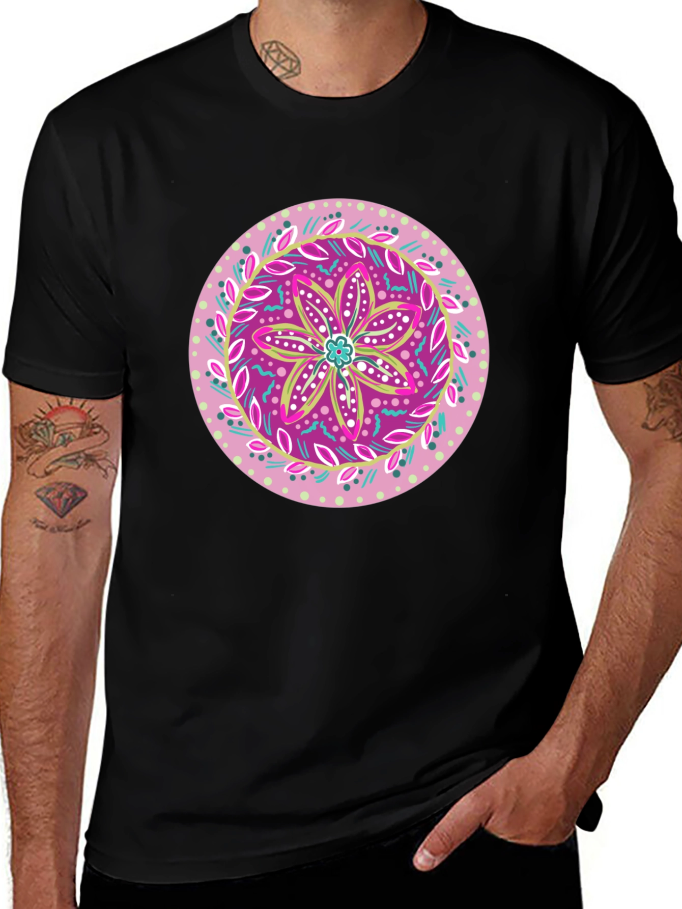 Variant 4 of Floral Mandala Graphic Tee - Casual Black T-Shirt
