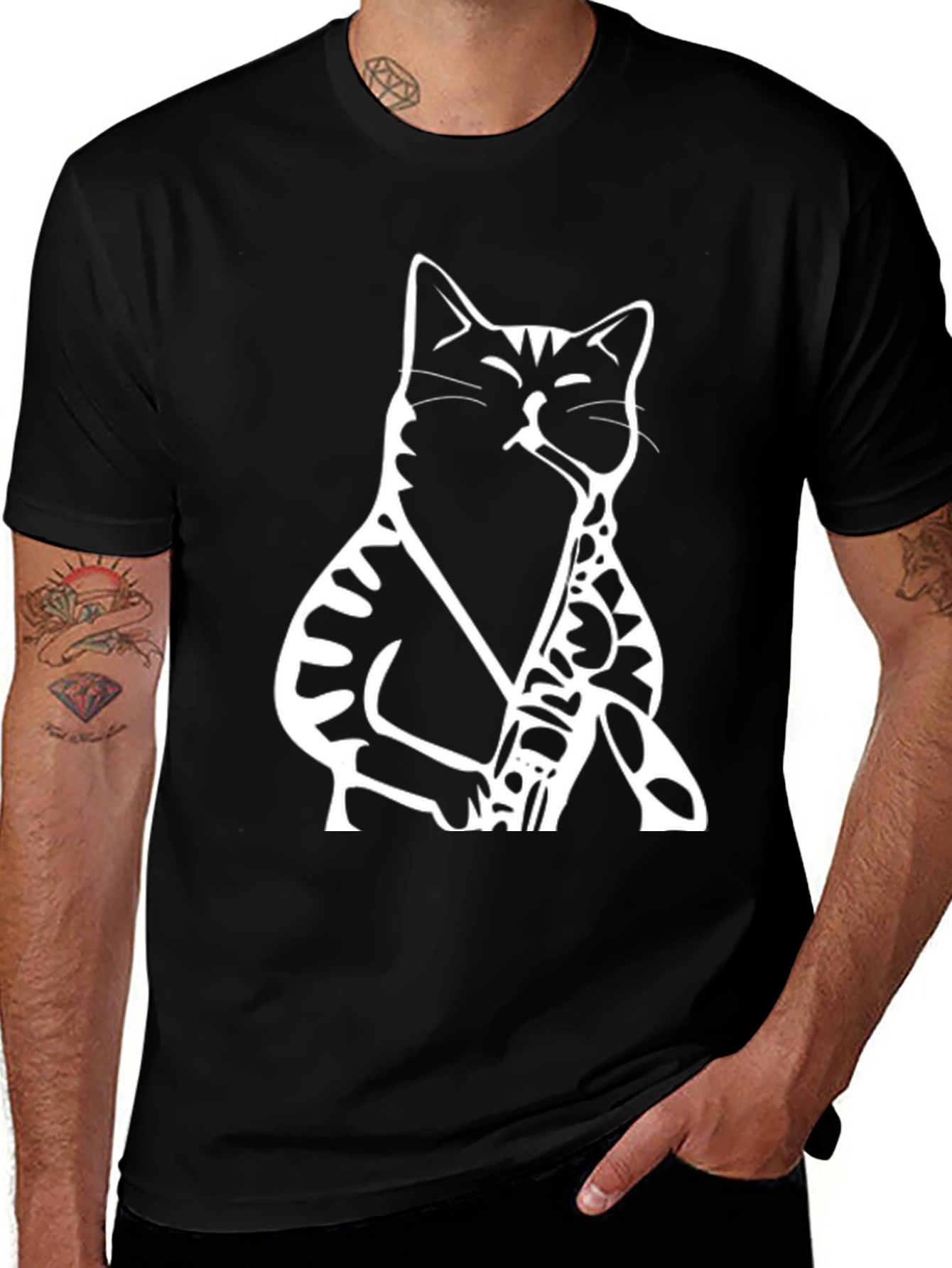 Variant 18 of Cat Saxophone Graphic Tee - Black Cotton T-Shirt