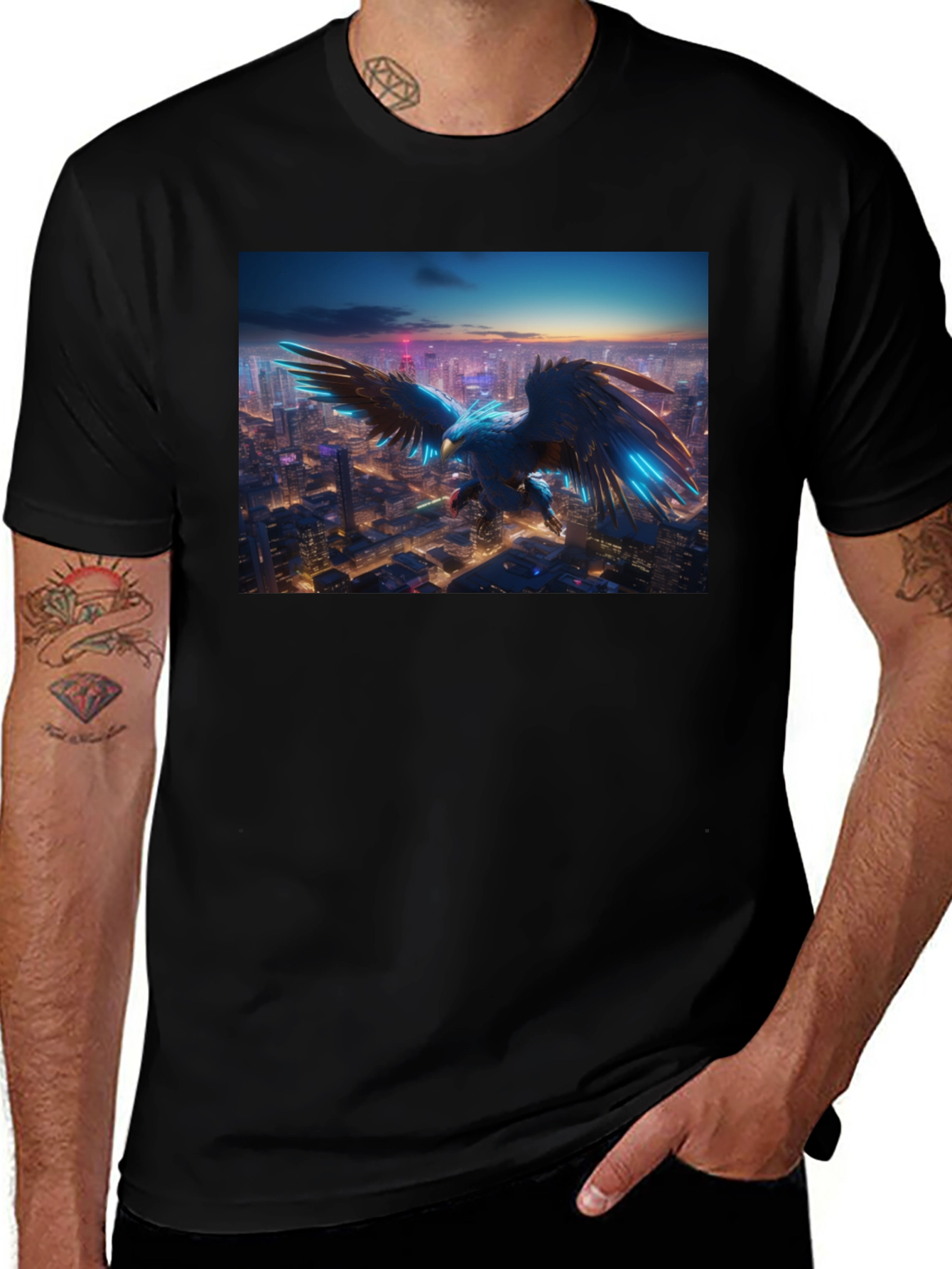Variant 15 of Cyber Eagle Cityscape Black T-Shirt