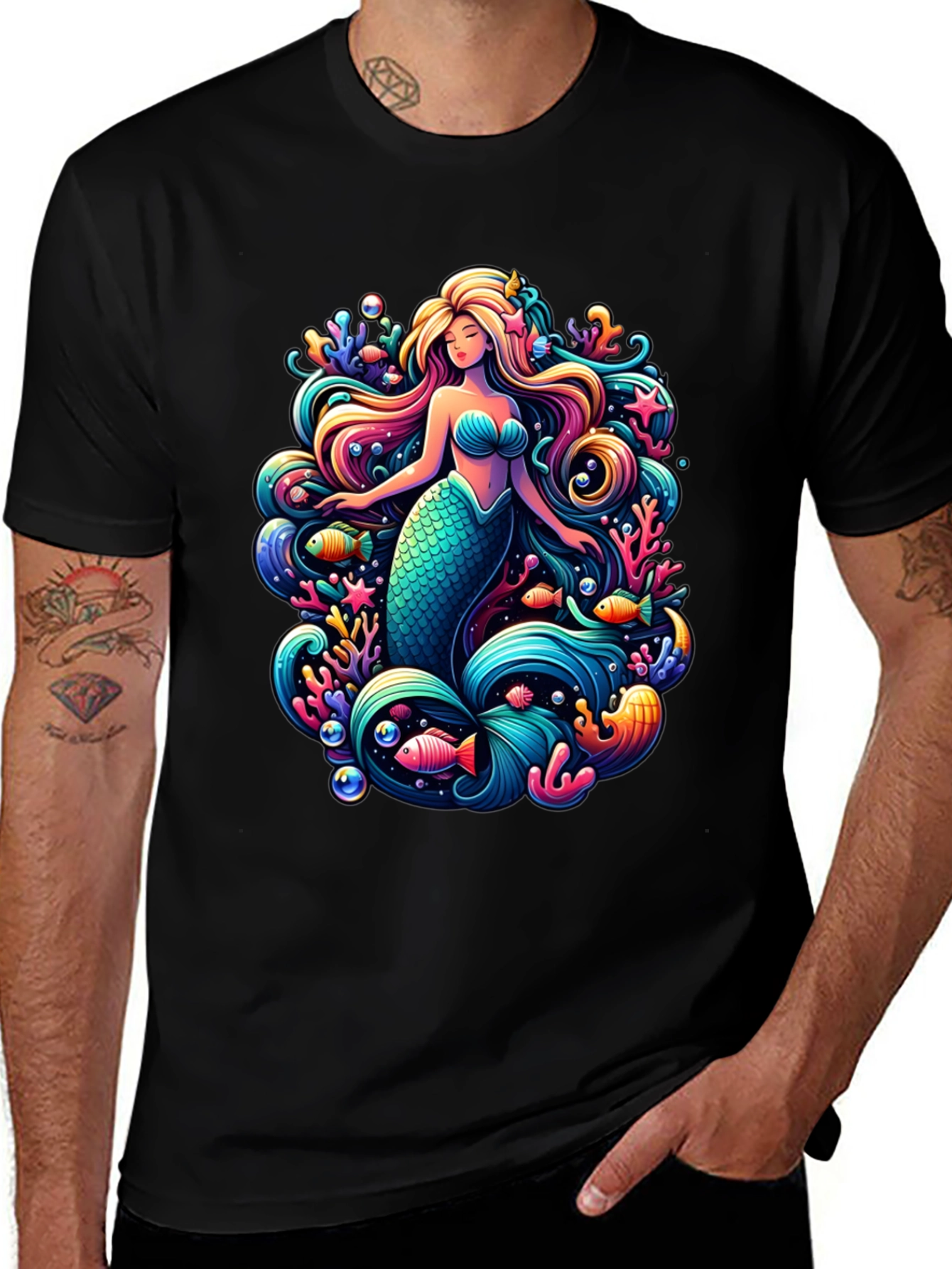 Variant 28 of Mermaid Graphic Tee - Black Cotton Blend