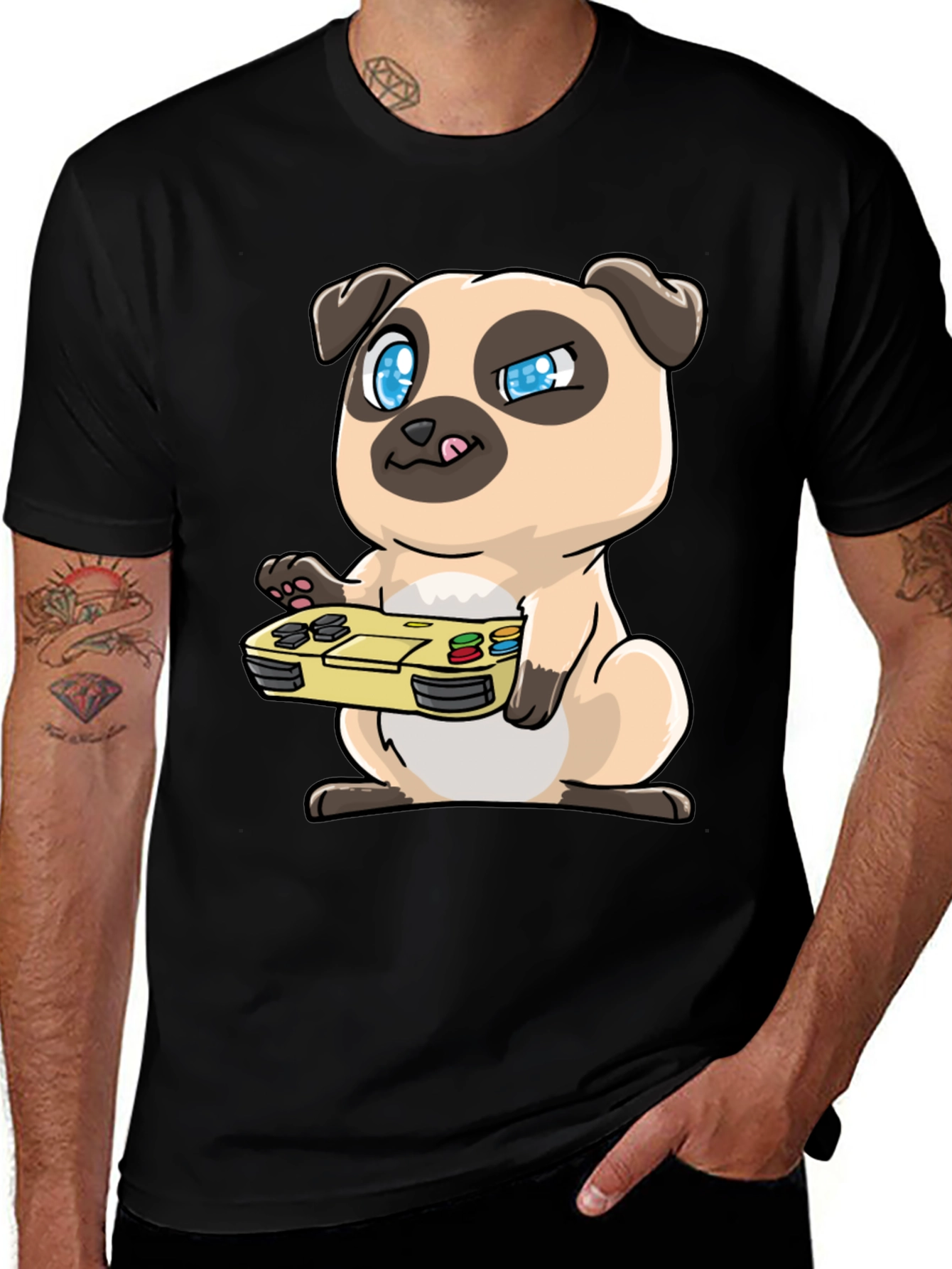 Variant 17 of Gamer Pug T-Shirt - Black Cotton Blend
