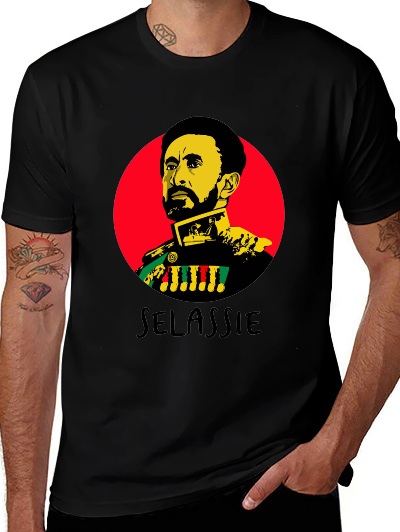 Haile Selassie Portrait Graphic Black T-Shirt