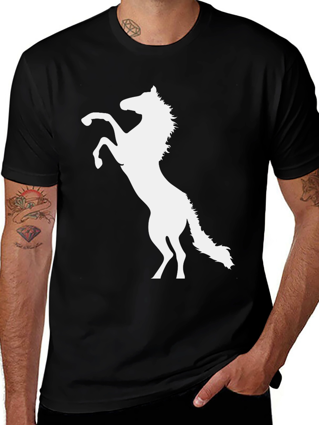 Black T-Shirt with White Horse Design