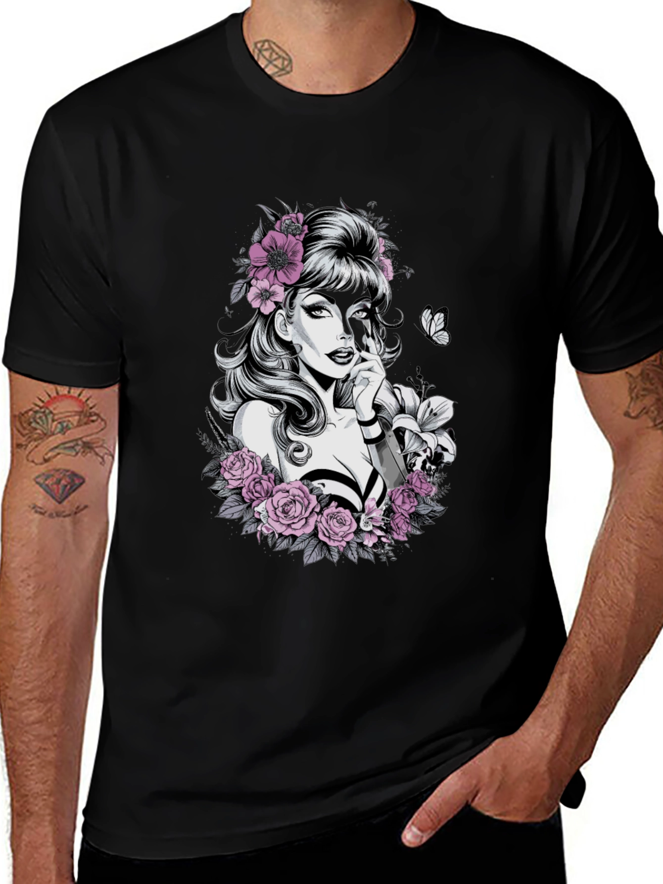 Floral Skull Beauty Graphic Tee - Black