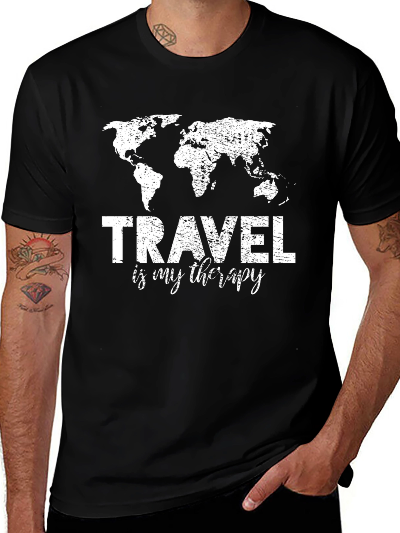Variant 27 of Travel is My Therapy Graphic Tee - Black Cotton T-Shirt