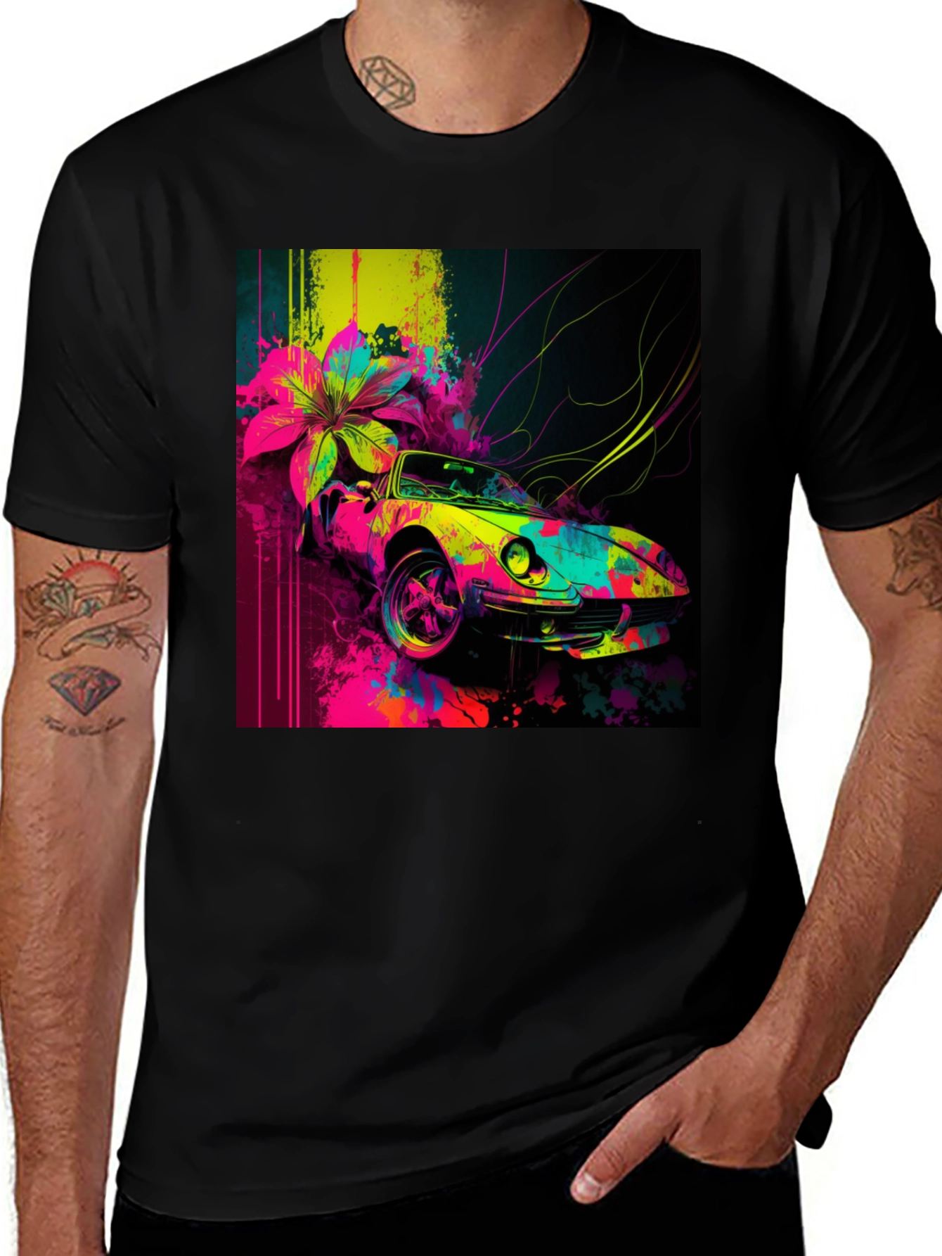 Variant 26 of Vibrant Car Graphic Tee - Stylish Men's Black T-Shirt