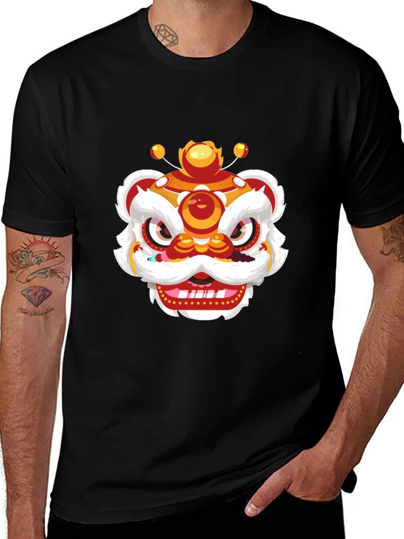 Chinese Lion Dance Graphic Tee - Black