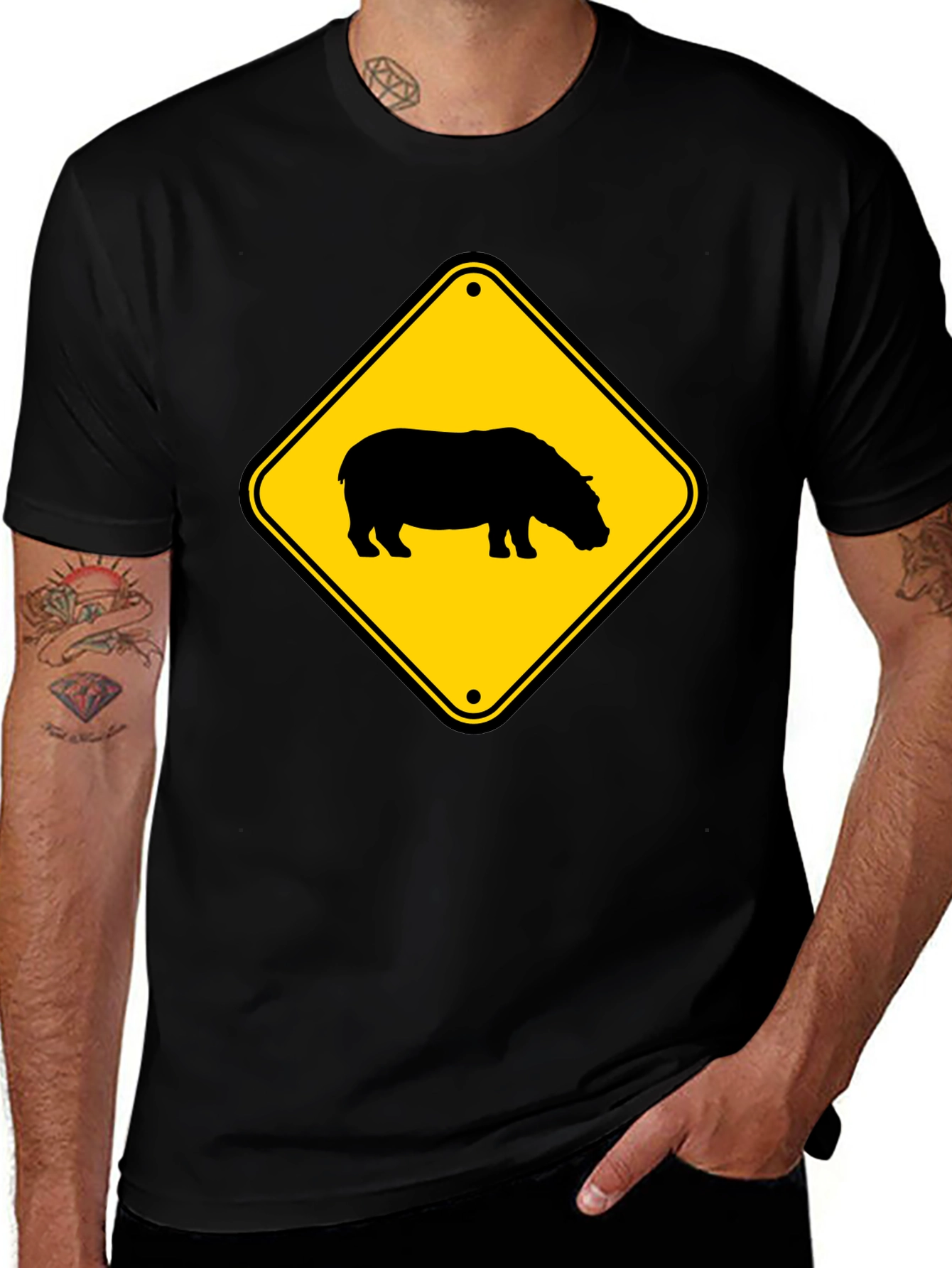 Variant 13 of Hippo Crossing Sign Black T-Shirt