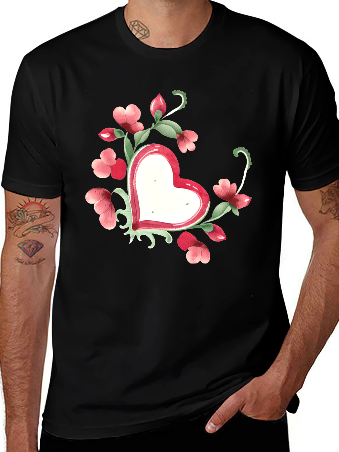Variant 8 of Floral Heart Graphic Tee - Black Unisex T-Shirt