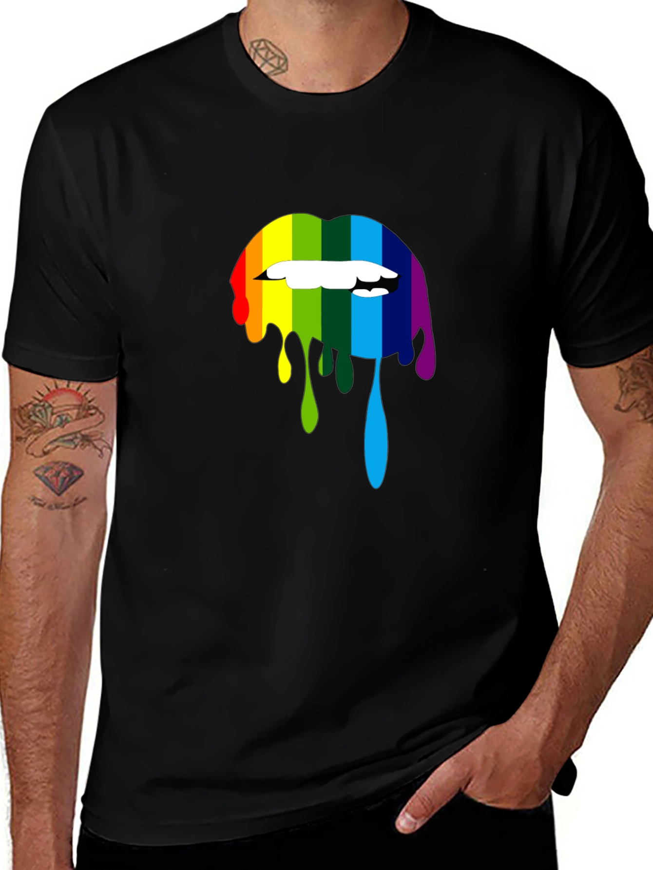 Black Rainbow Lips Graphic Print Black T-Shirt main image