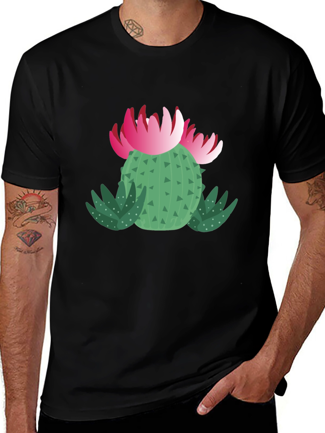 Variant 9 of Cactus Flower Graphic T-Shirt - Black Cotton Tee