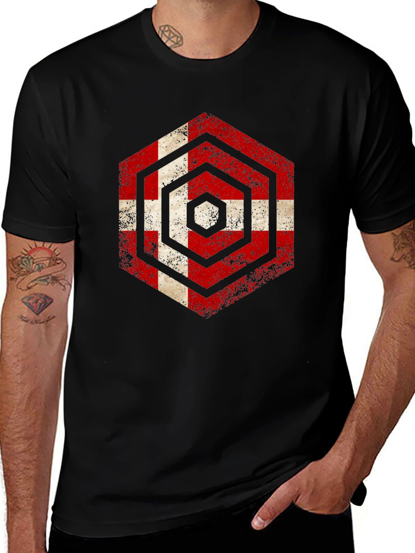 Danish Flag Hexagon Black T-Shirt