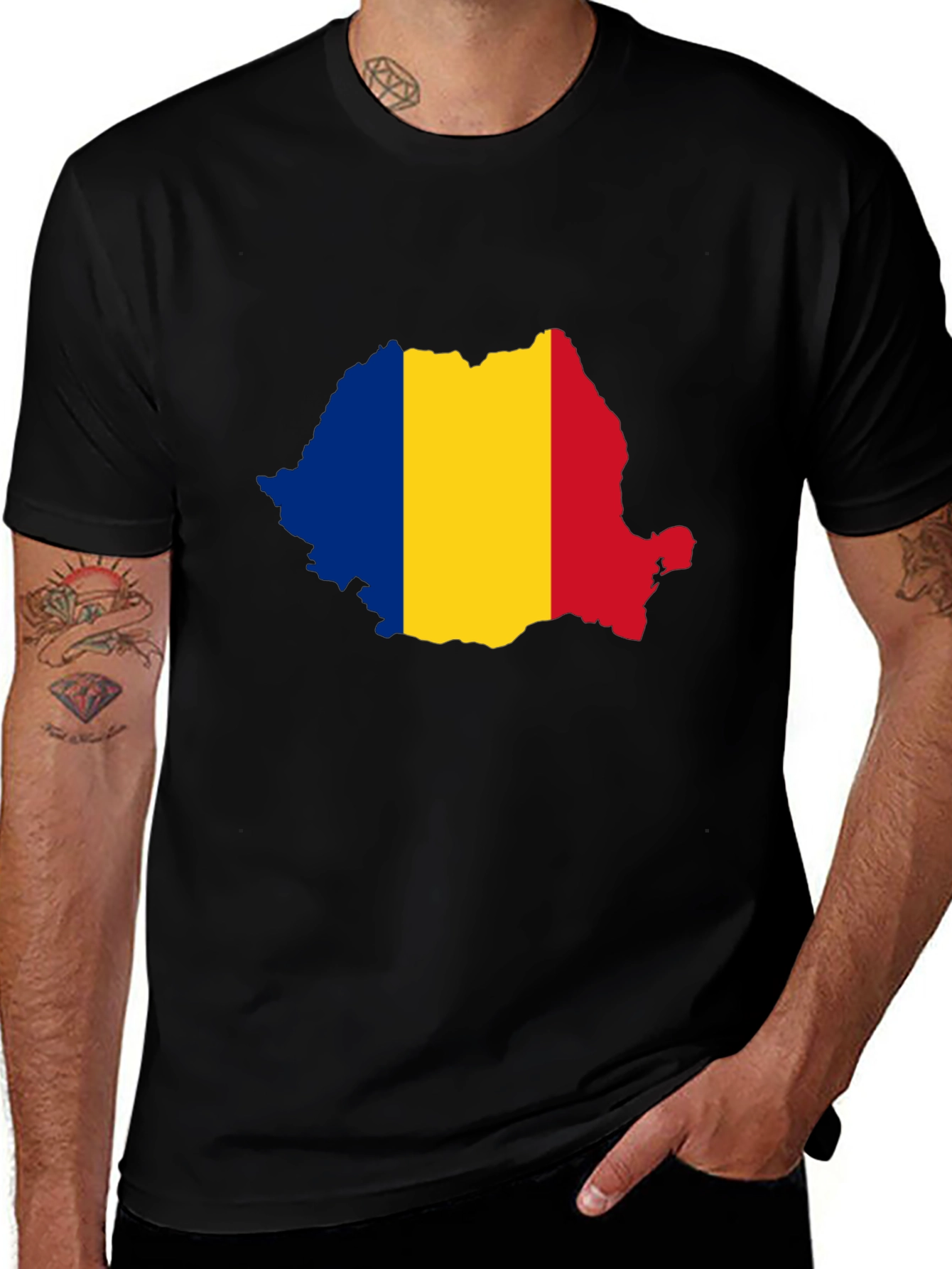 Romania Flag Map Black T-Shirt