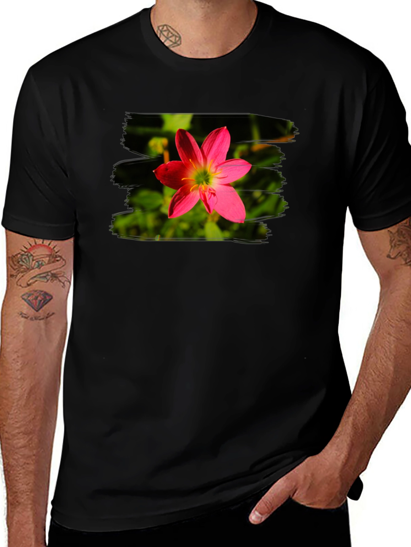 Variant 9 of Pink Flower Graphic Tee - Stylish Men's Black T-Shirt