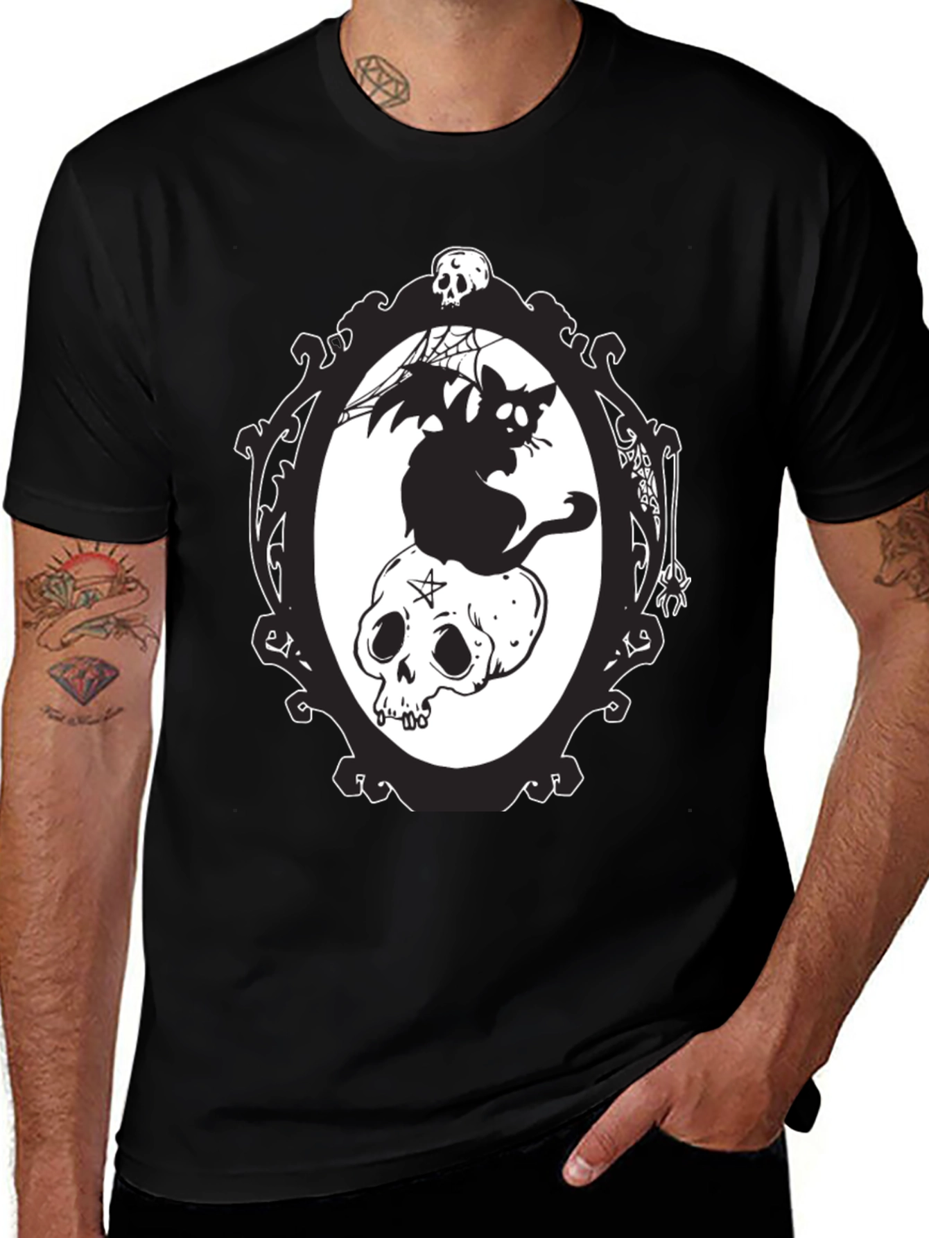 Variant 21 of Gothic Cat & Skull T-Shirt - Bat Wings & Pentagram
