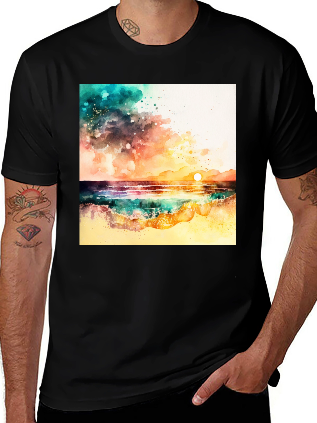 Variant 30 of Watercolor Sunset Beach Graphic Tee - Black