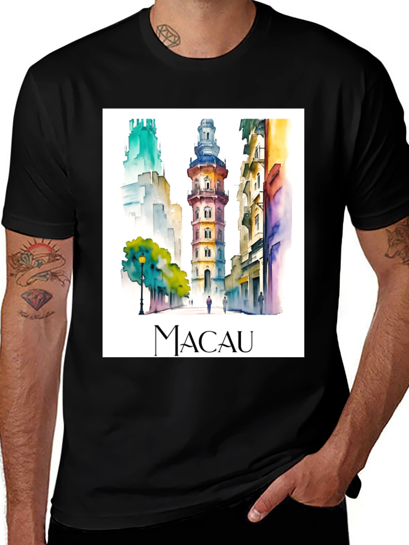 Macau Watercolor Art Black T-Shirt