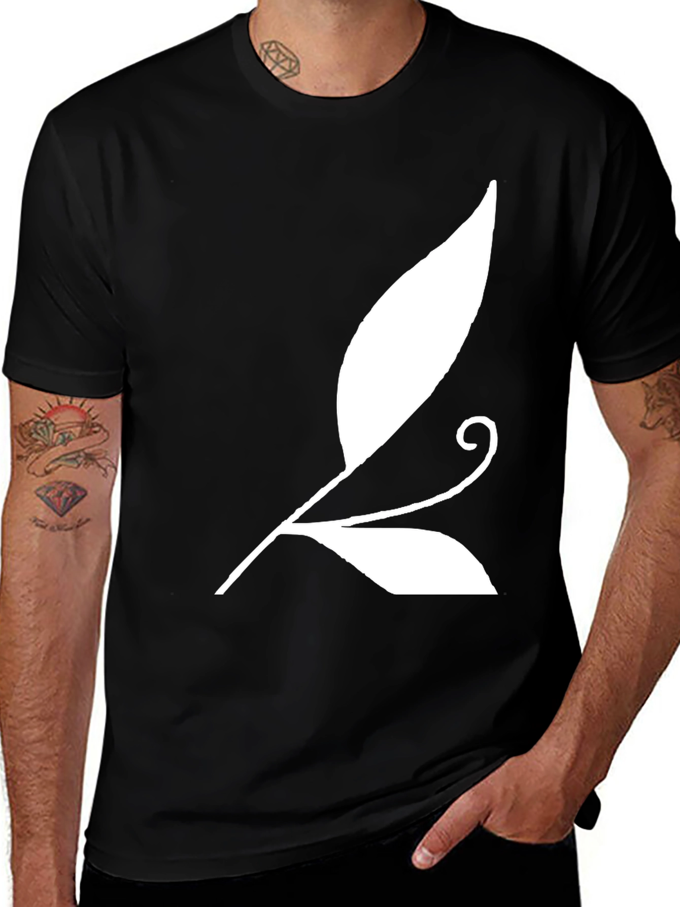 Variant 26 of Black T-Shirt with White Leaf Design