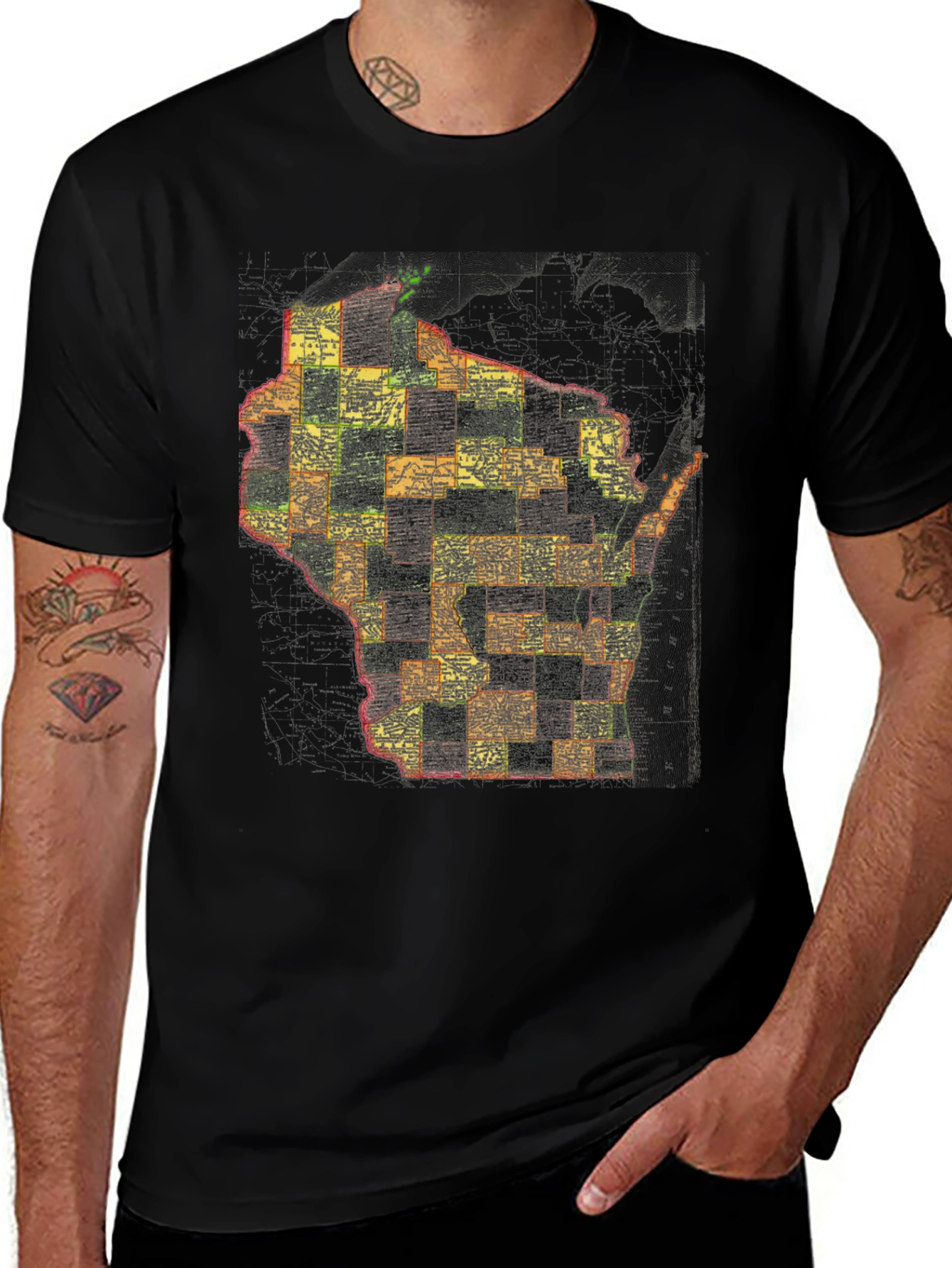 Variant 24 of Wisconsin Map Graphic Tee - Black Cotton T-Shirt