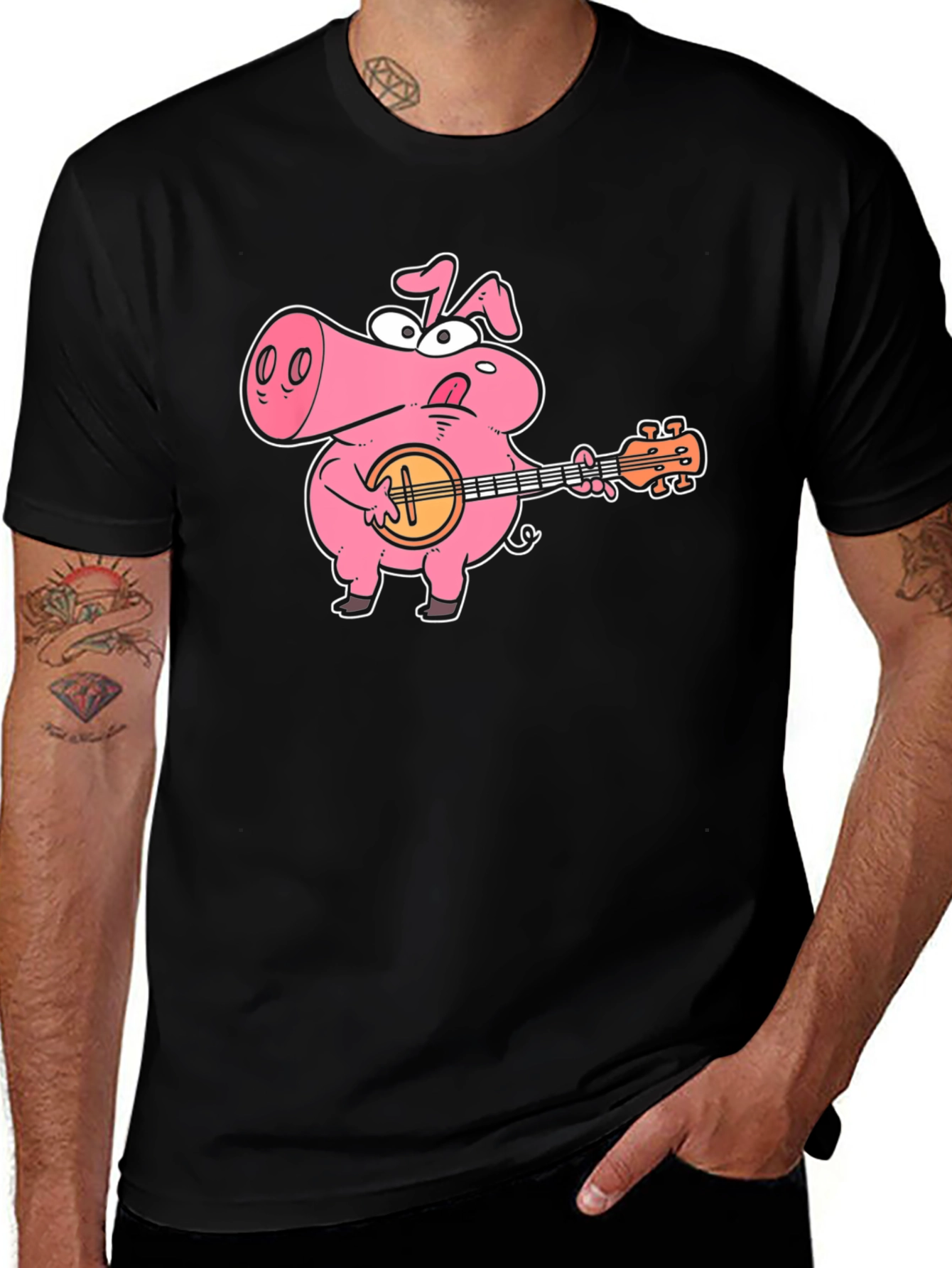 Variant 2 of Pig Playing Banjo Graphic T-Shirt - Black Cotton Tee