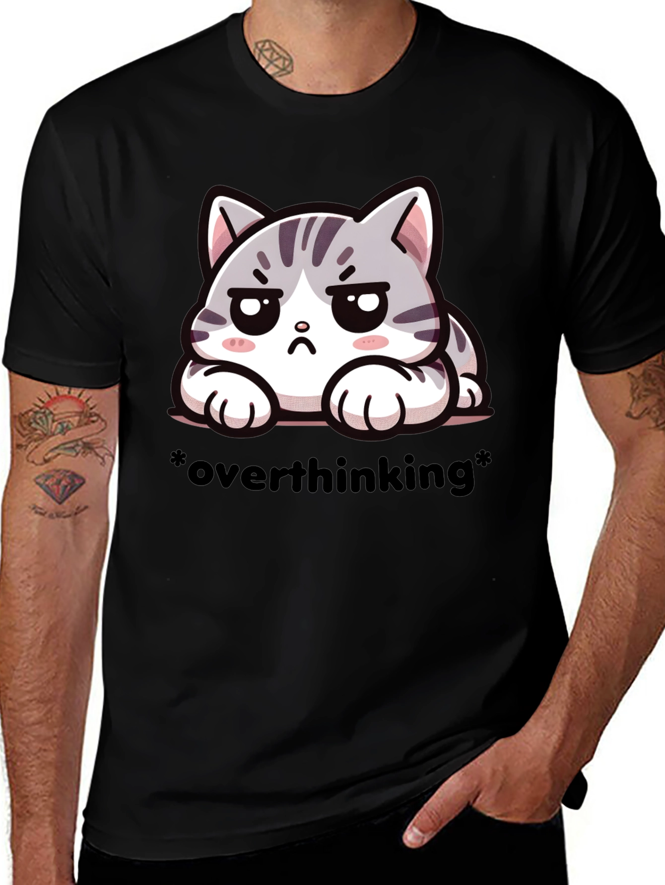 Variant 9 of Overthinking Cat Graphic Tee - Unisex Black T-Shirt