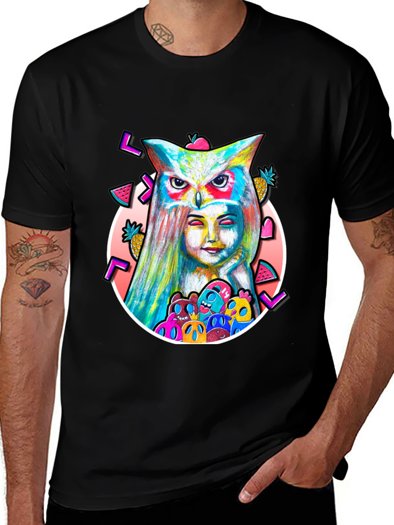 Variant 7 of Psychedelic Owl & Girl Black T-Shirt
