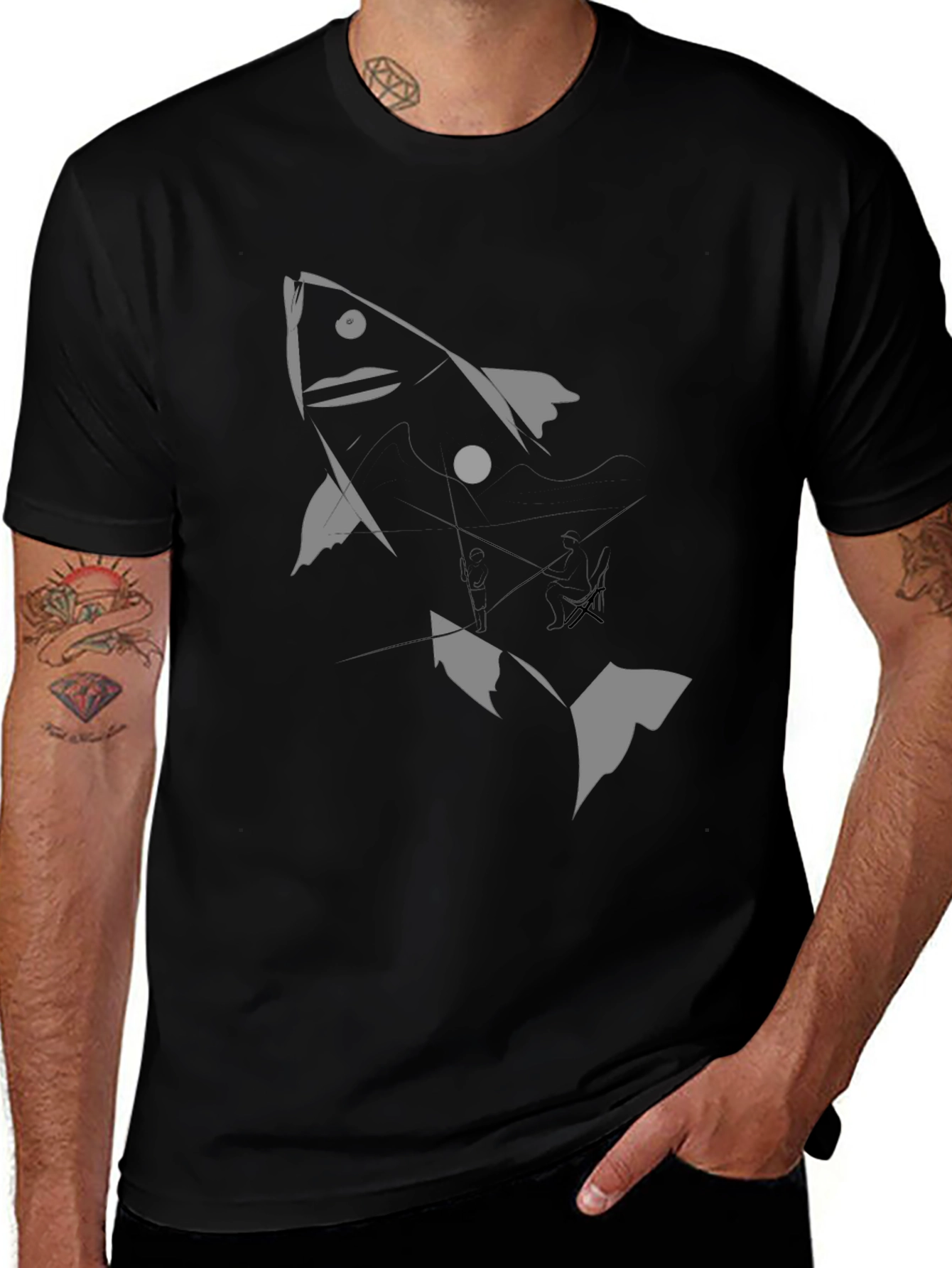 Black Graphic Tee - Abstract Fish Design
