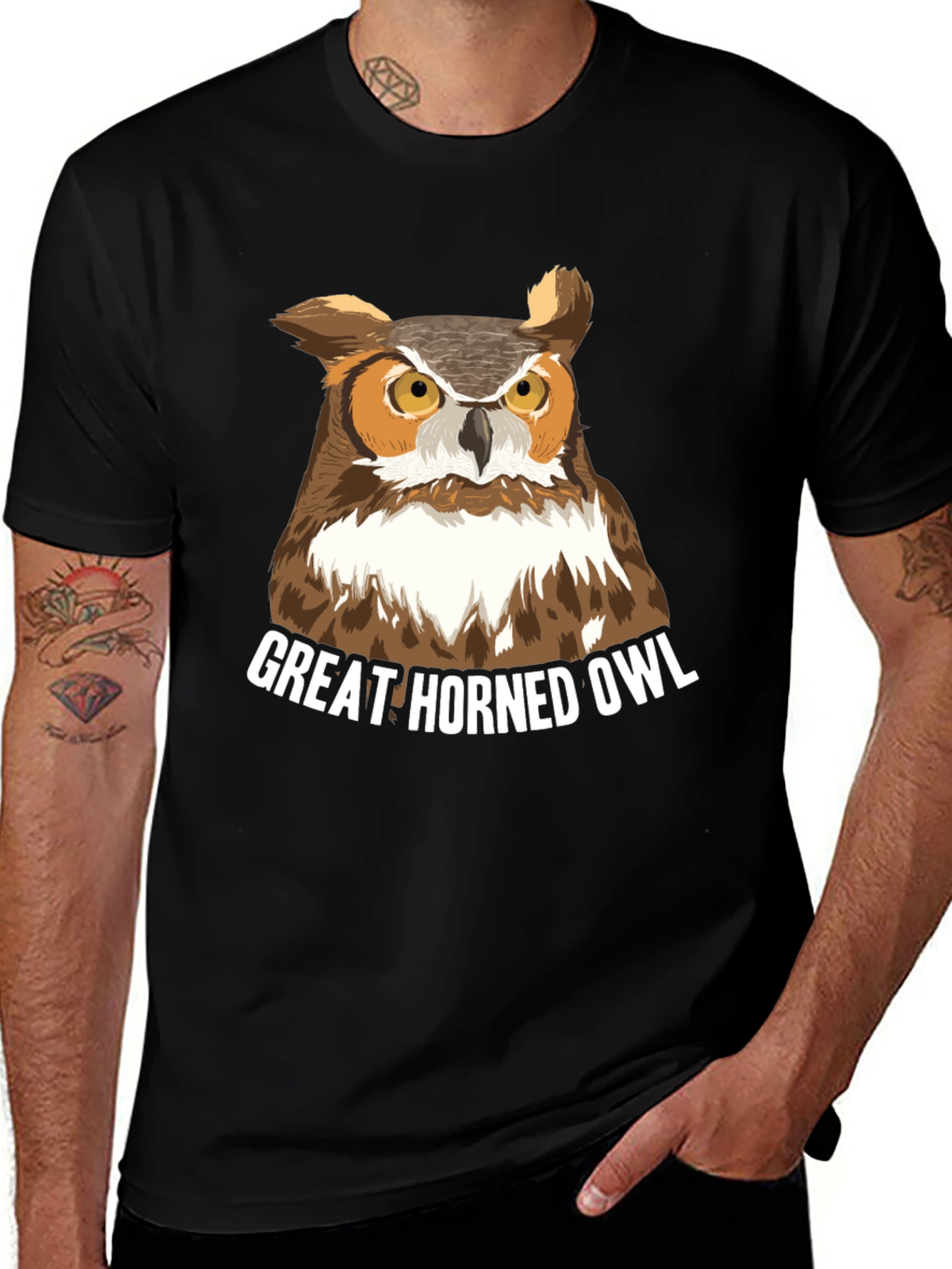 Variant 26 of Great Horned Owl Graphic Tee - Black Cotton T-Shirt