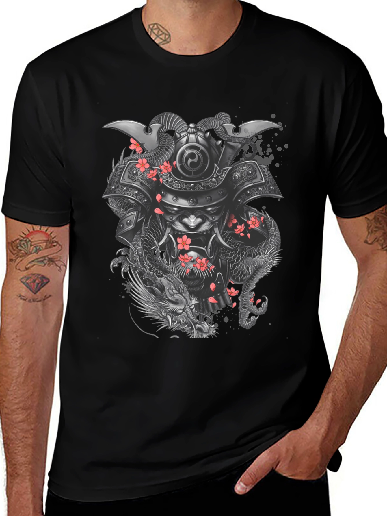 Variant 17 of Samurai Dragon Graphic Tee - Black Cotton Blend
