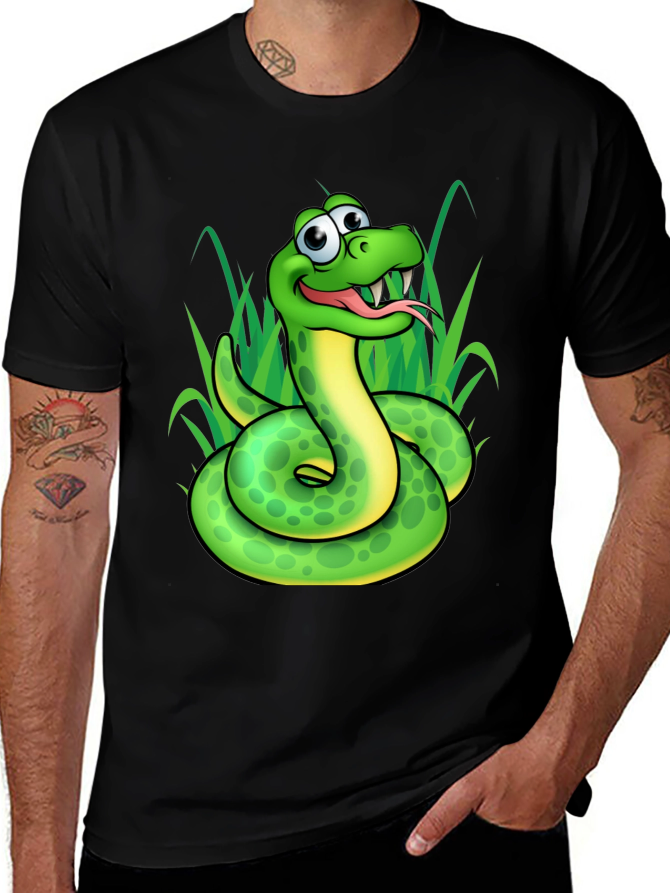 Variant 19 of Cartoon Snake Graphic T-Shirt -  Men's Black Tee