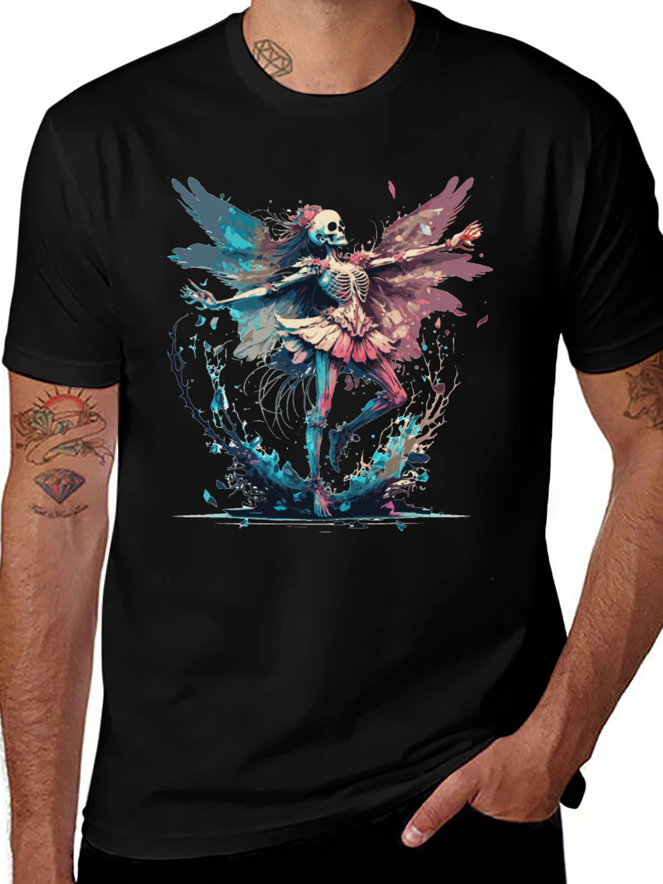 Skeleton Fairy Dance Graphic Tee - Black Cotton Shirt