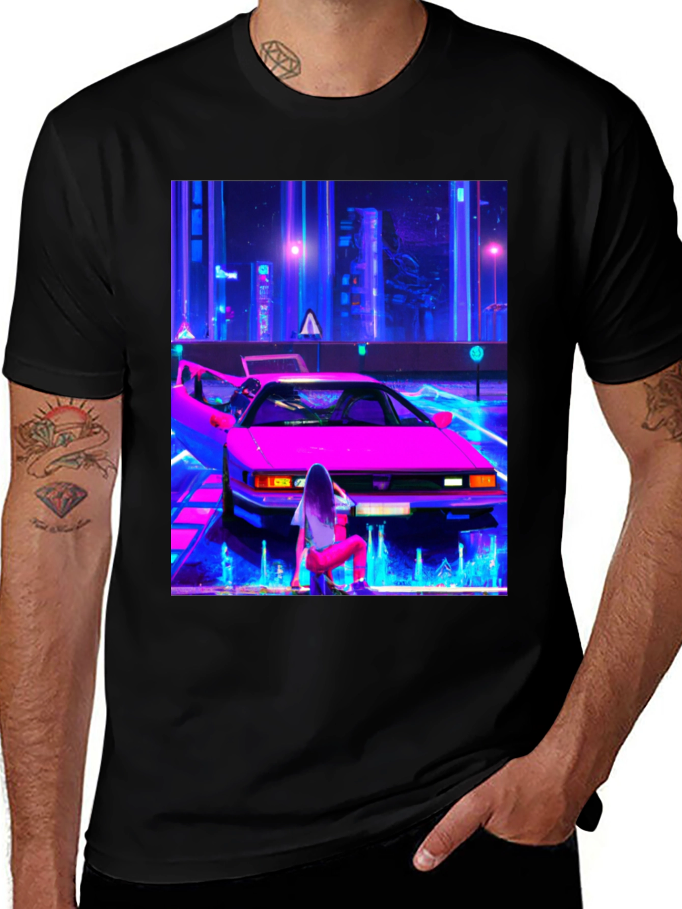 Variant 24 of Cyberpunk Car Graphic Tee - Black Cotton
