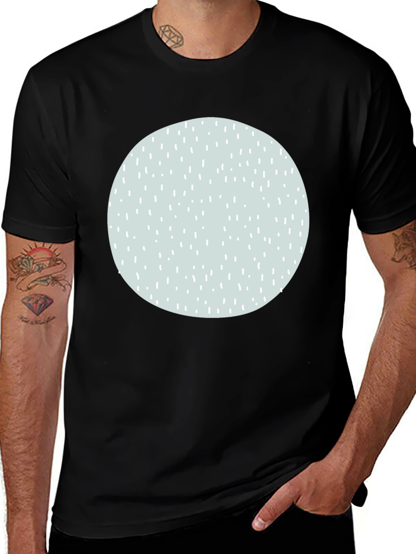 Variant 7 of Black T-Shirt with Light Blue Speckled Circle Design