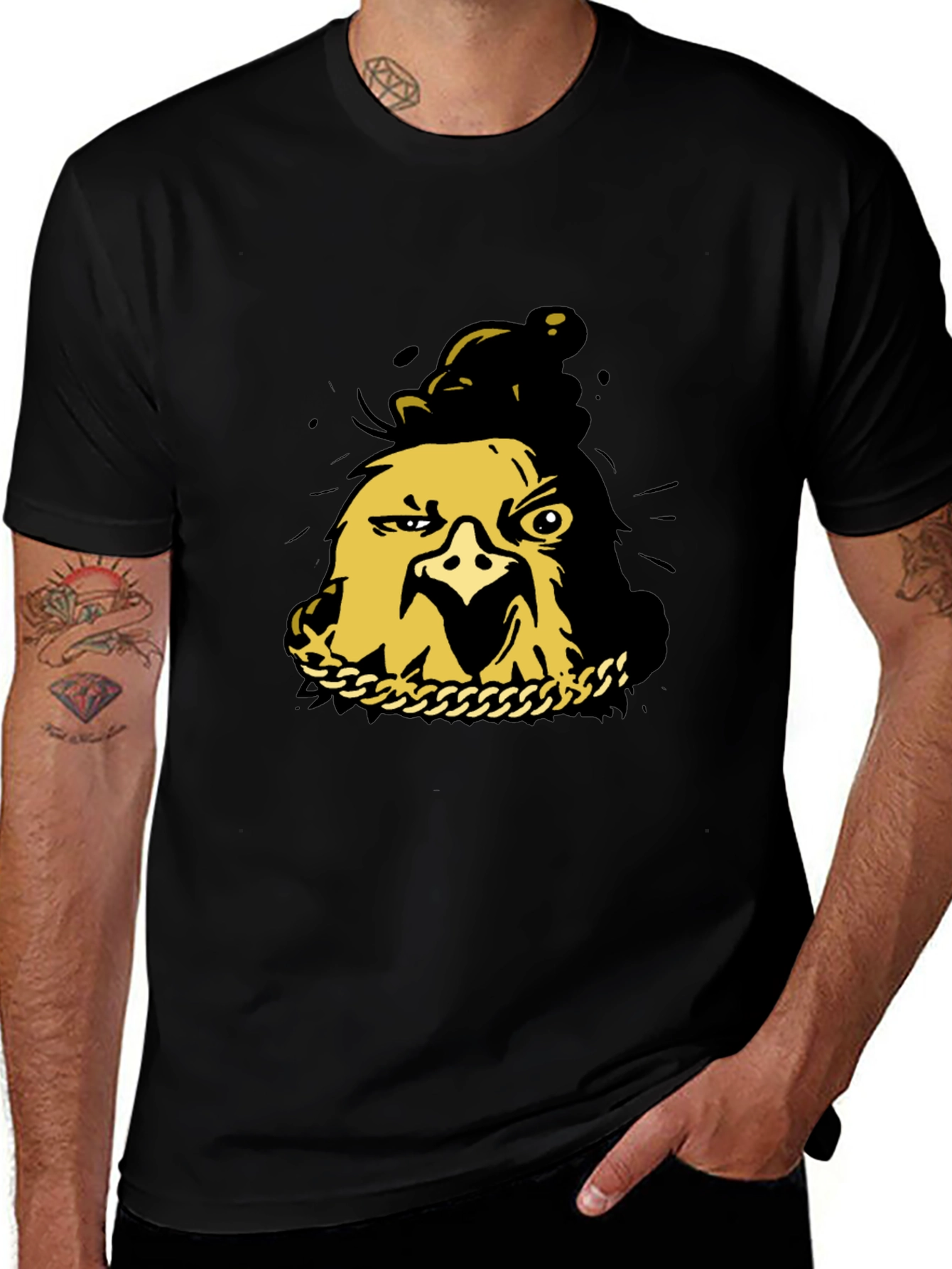Variant 21 of Black T-Shirt with Gold Cartoon Chicken Graphic